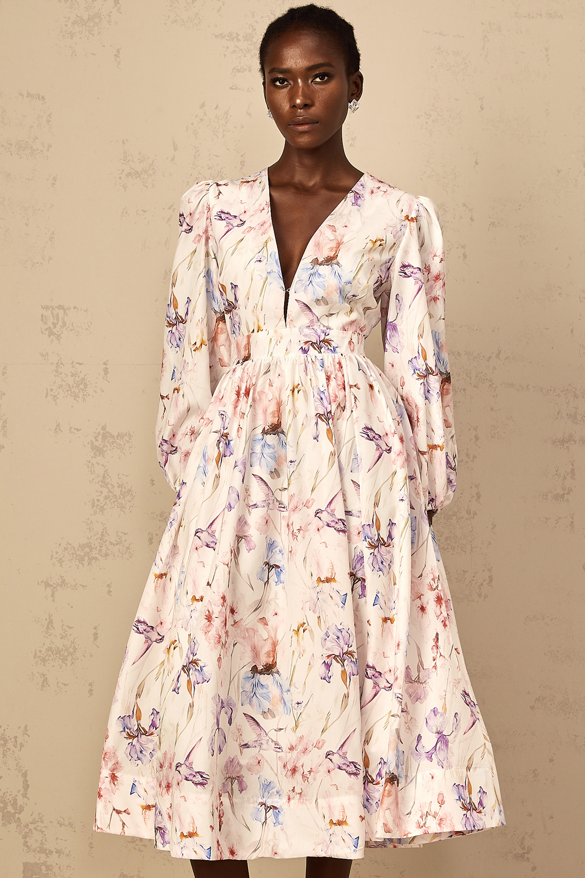 Géraldine White V-Neck Floral Print Midi Dress (Final Sale)