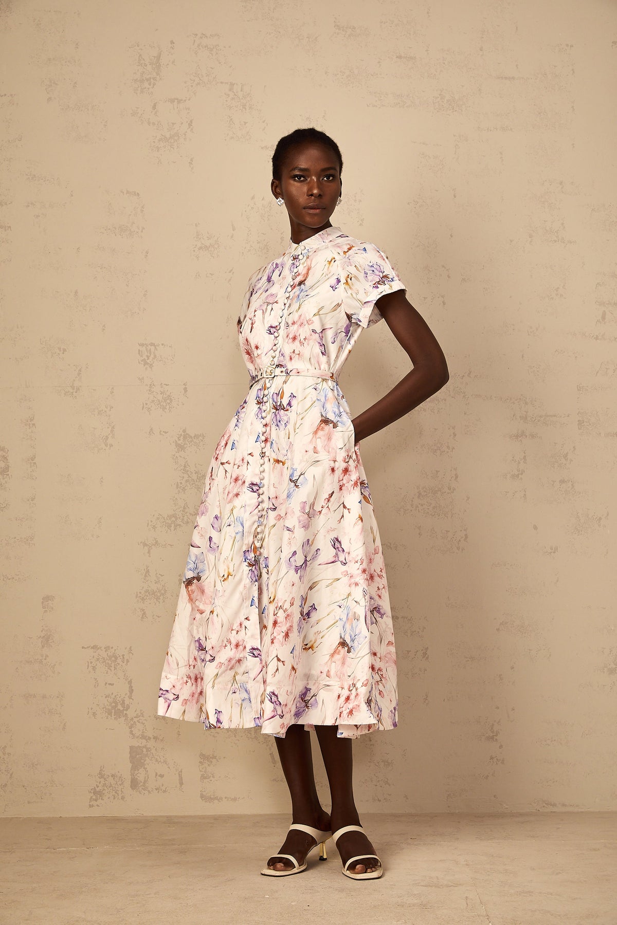 Géraldine White Mock-Neck Floral Print Midi Dress (Final Sale-US Only)
