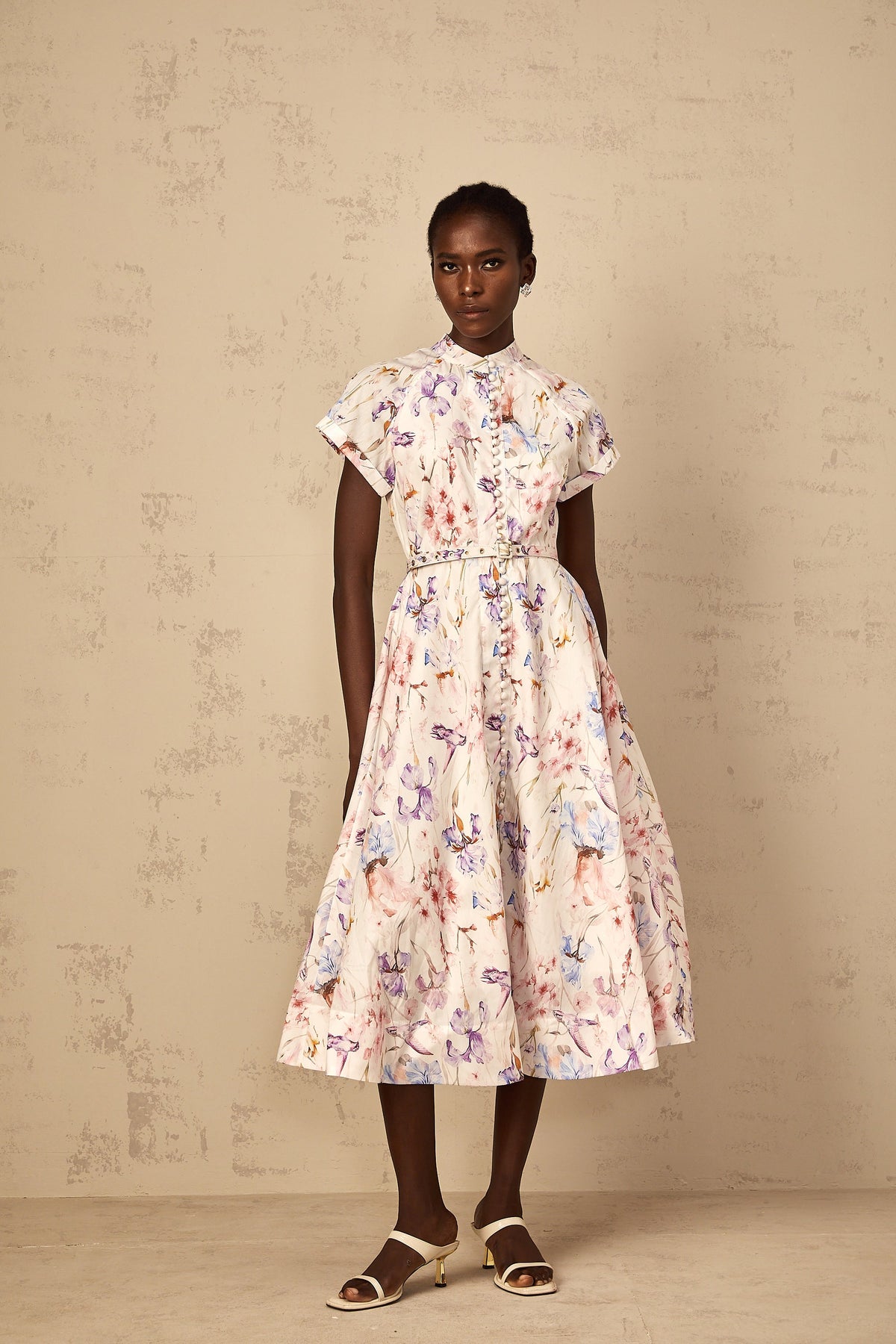 Géraldine White Mock-Neck Floral Print Midi Dress (Final Sale-US Only)