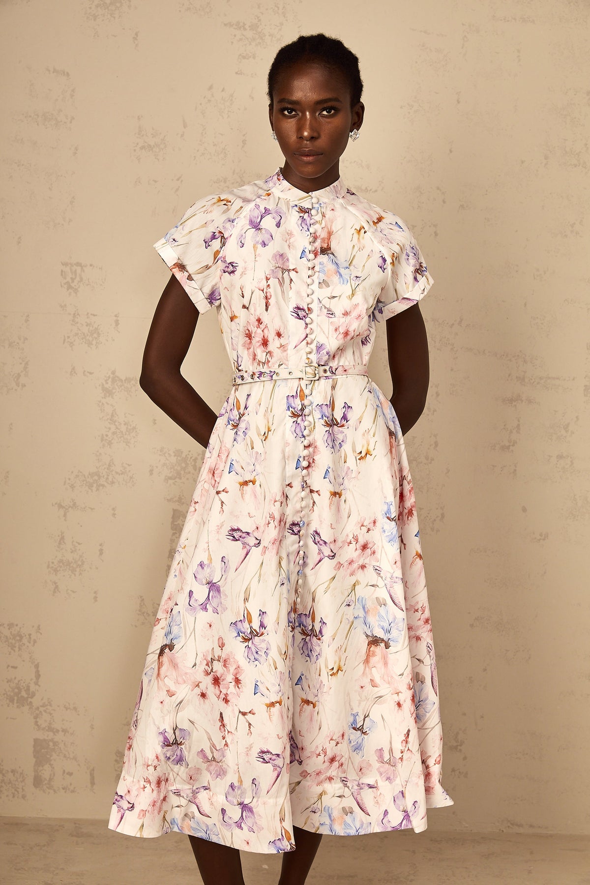 Géraldine White Mock-Neck Floral Print Midi Dress (Final Sale-US Only)