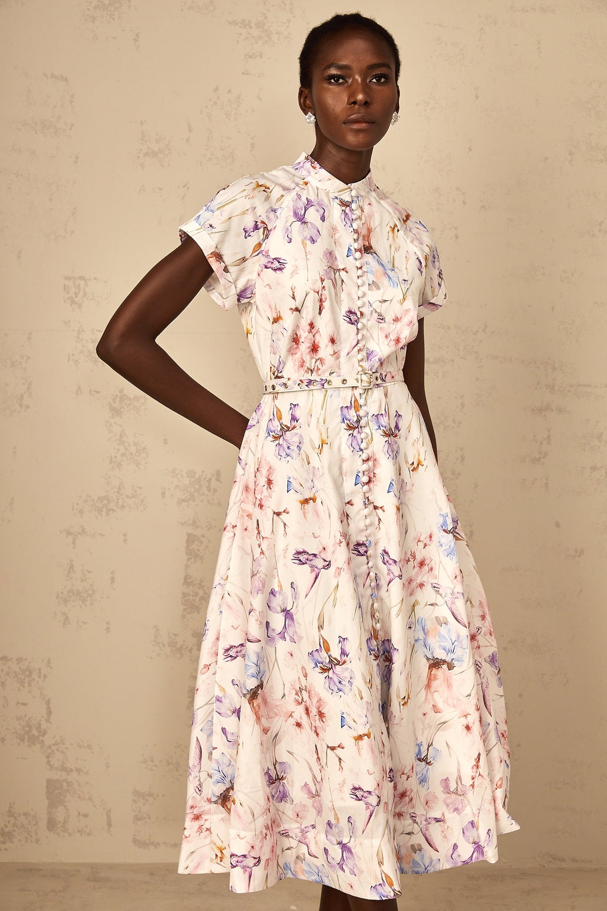 Géraldine White Mock-Neck Floral Print Midi Dress (Final Sale-US Only)