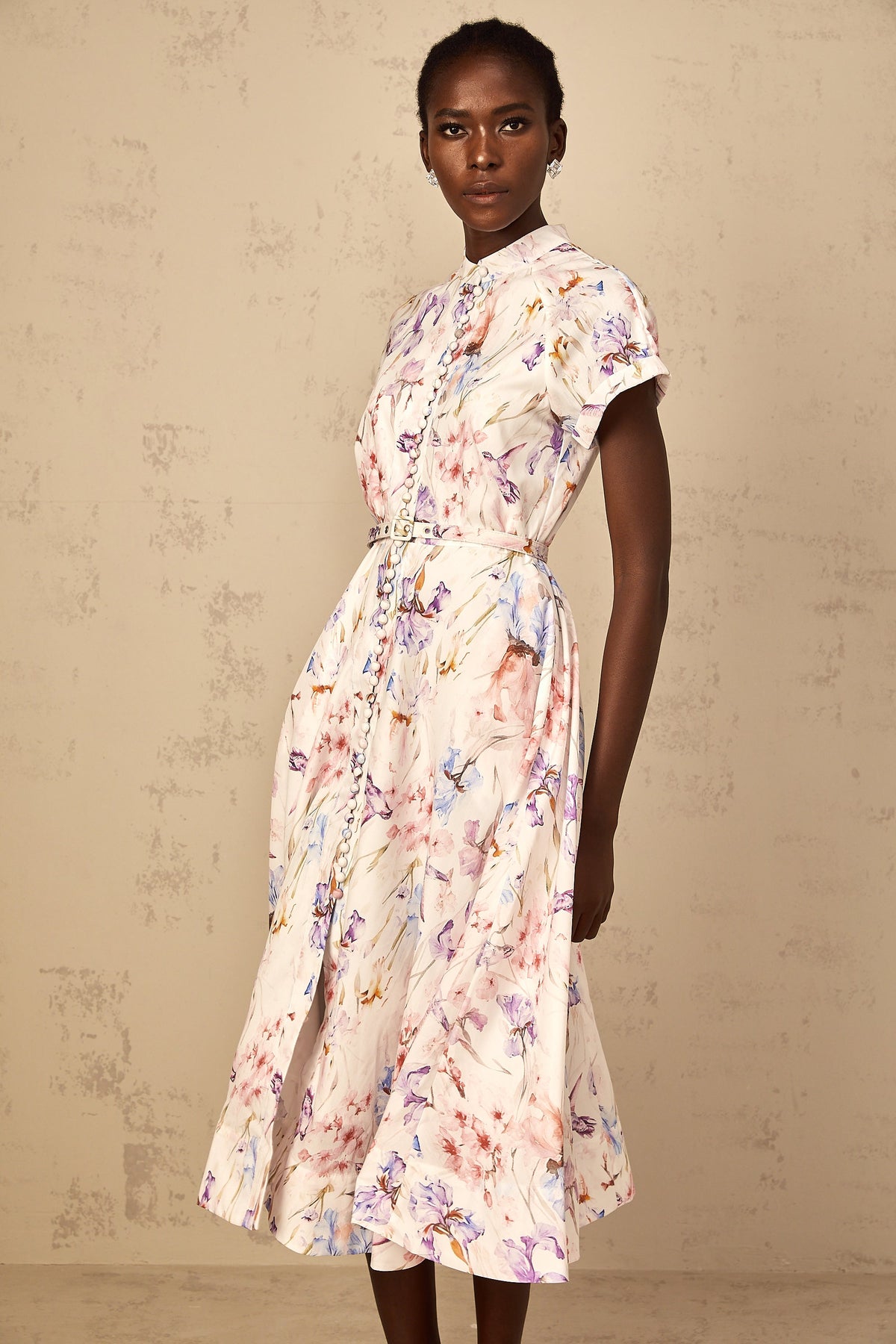 Géraldine White Mock-Neck Floral Print Midi Dress (Final Sale-US Only)