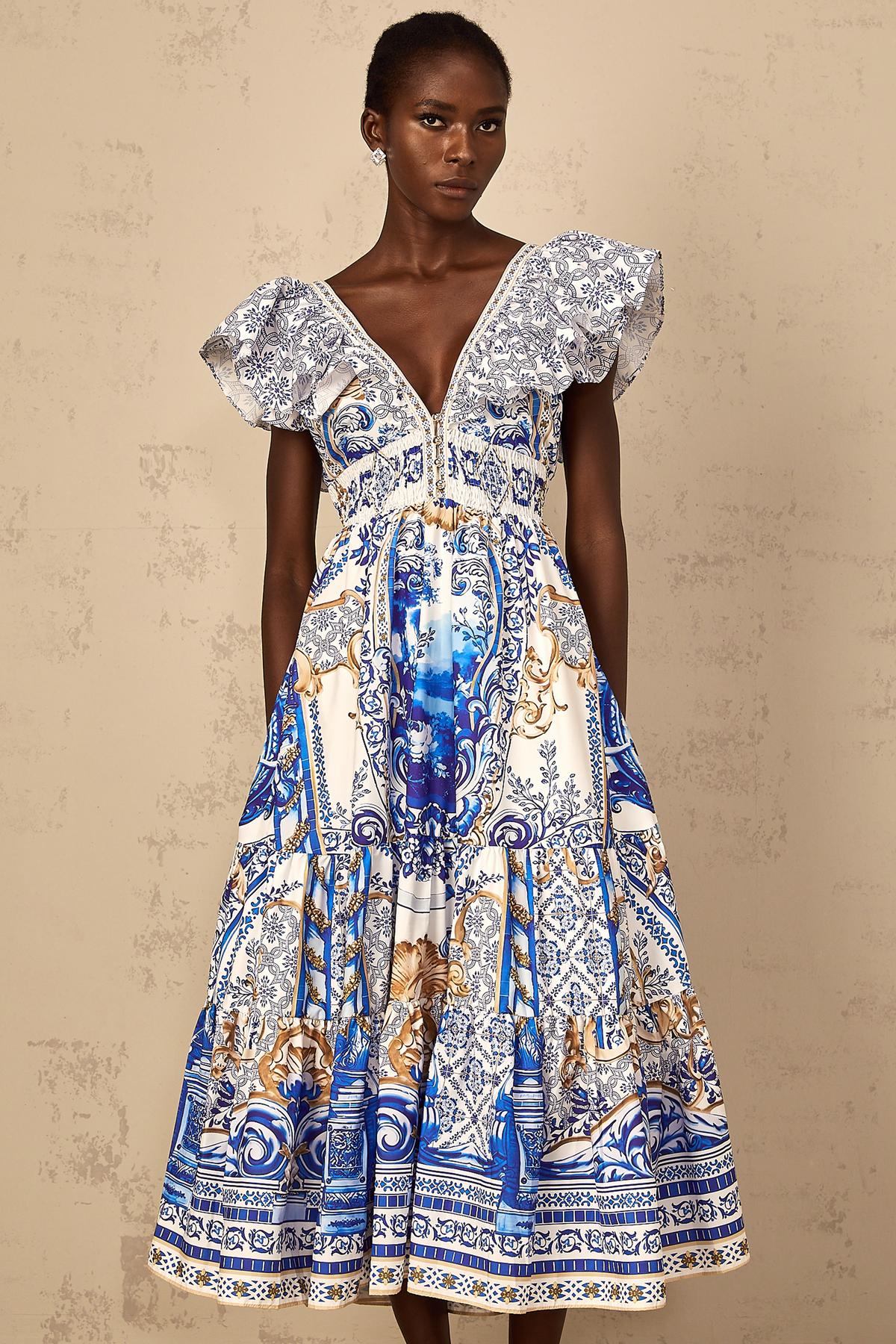 Calliopée Blue Baroque Print Tiered Midi Dress