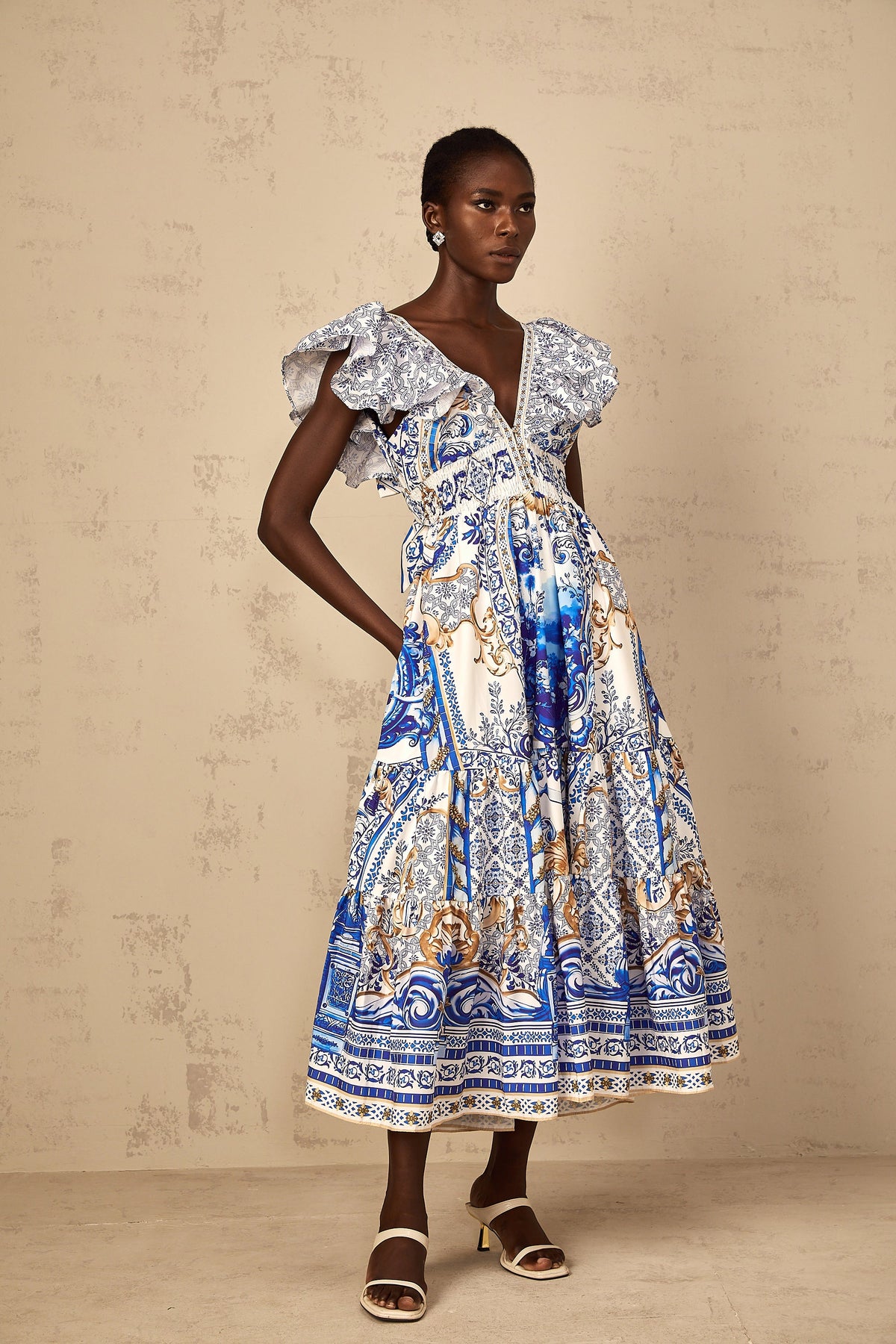 Calliopée Blue Baroque Print Tiered Midi Dress
