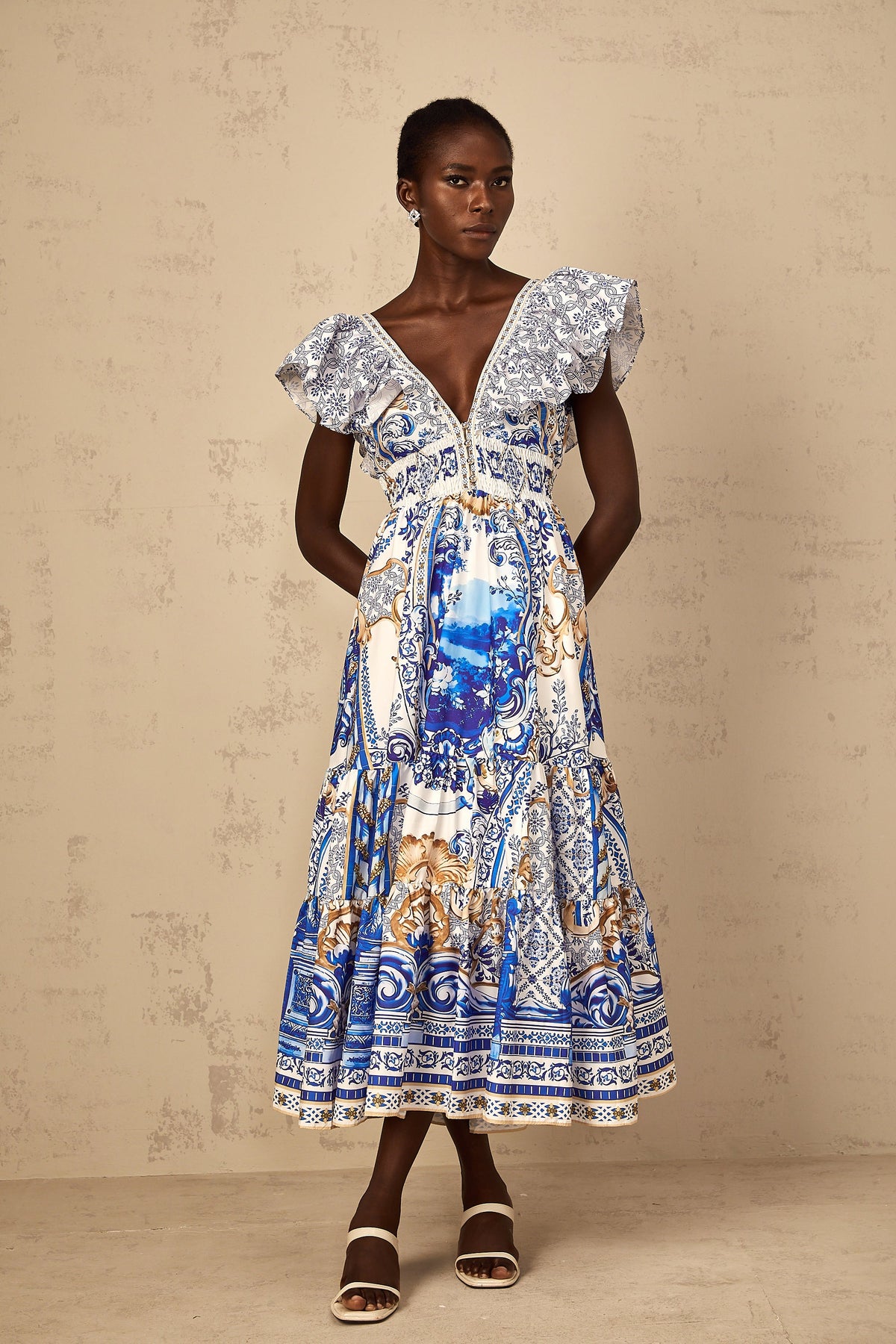 Calliopée Blue Baroque Print Tiered Midi Dress