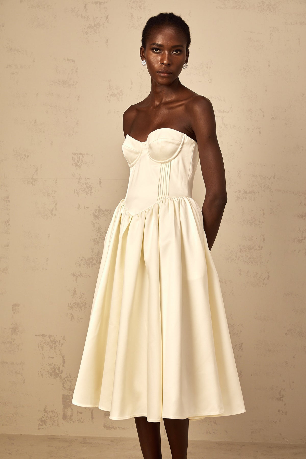 Noor White Off-Shoulder Shirred Midi Dress