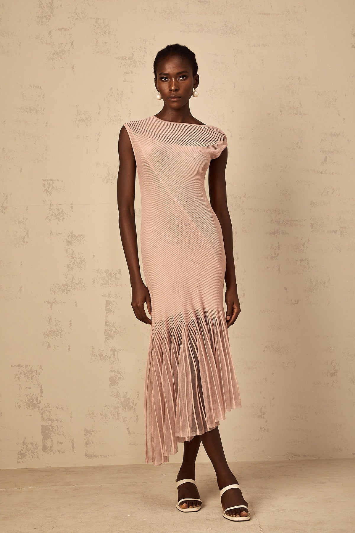 Laure Dusty Pink Tulle Panel Ribbed Knit Midi Dress
