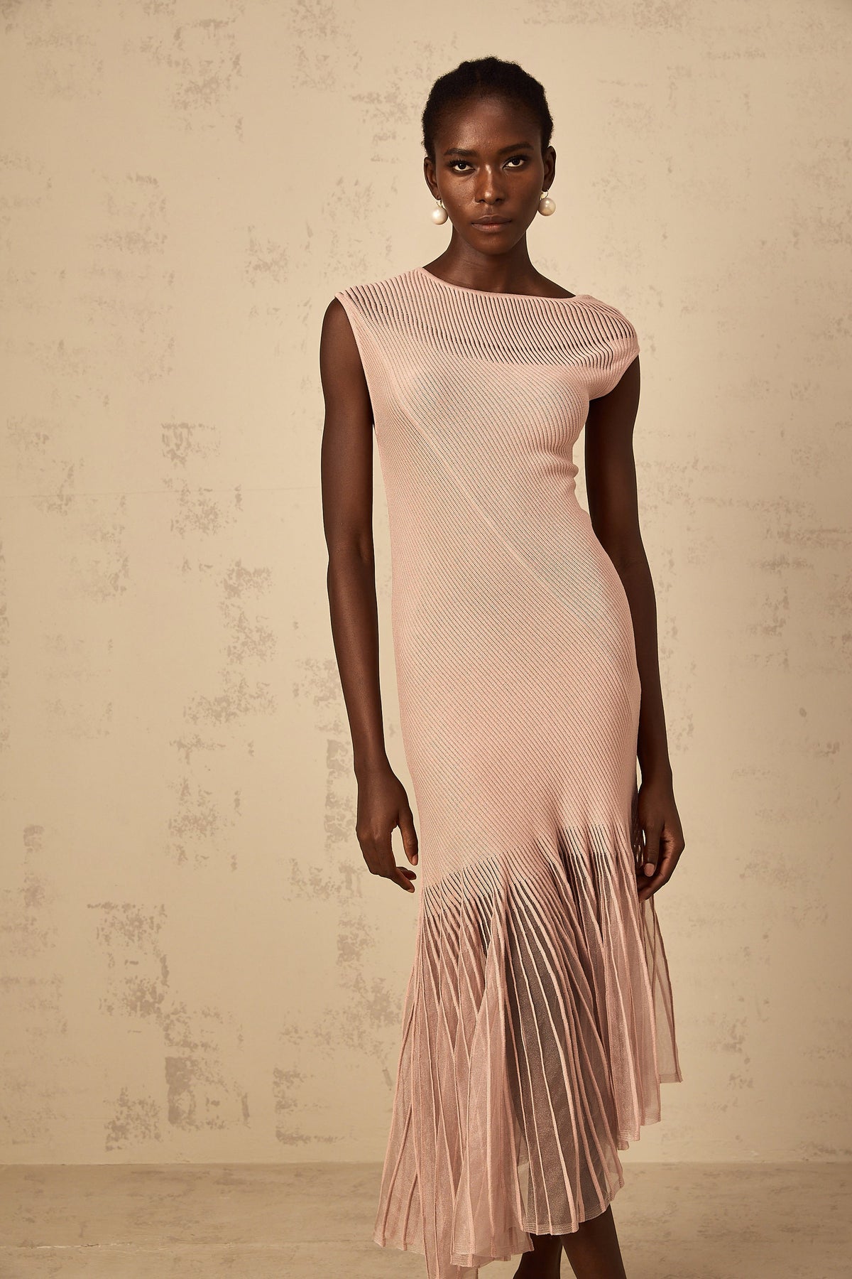 Laure Dusty Pink Tulle Panel Ribbed Knit Midi Dress