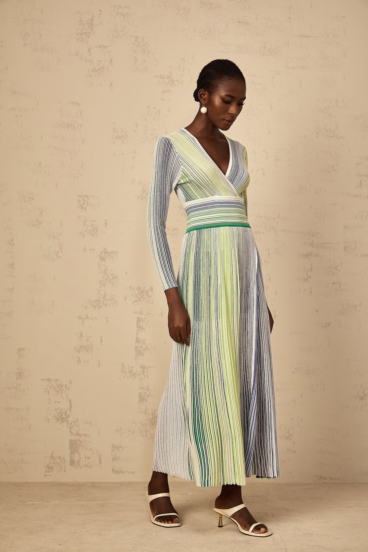 Amaryllis Green Long Sleeve Sequin Striped Knit Maxi Dress