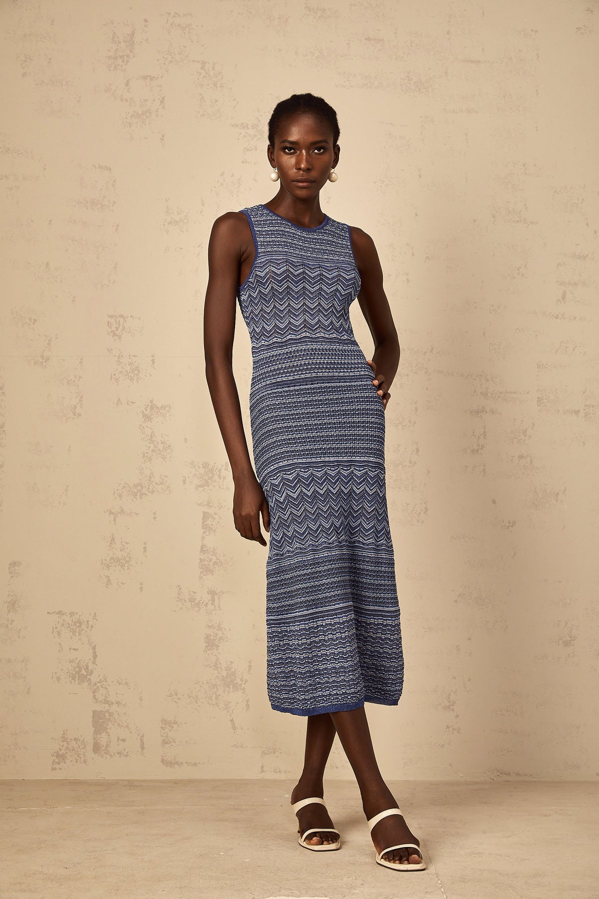 Ingrid Blue Wavy Crochet Knit Midi Dress