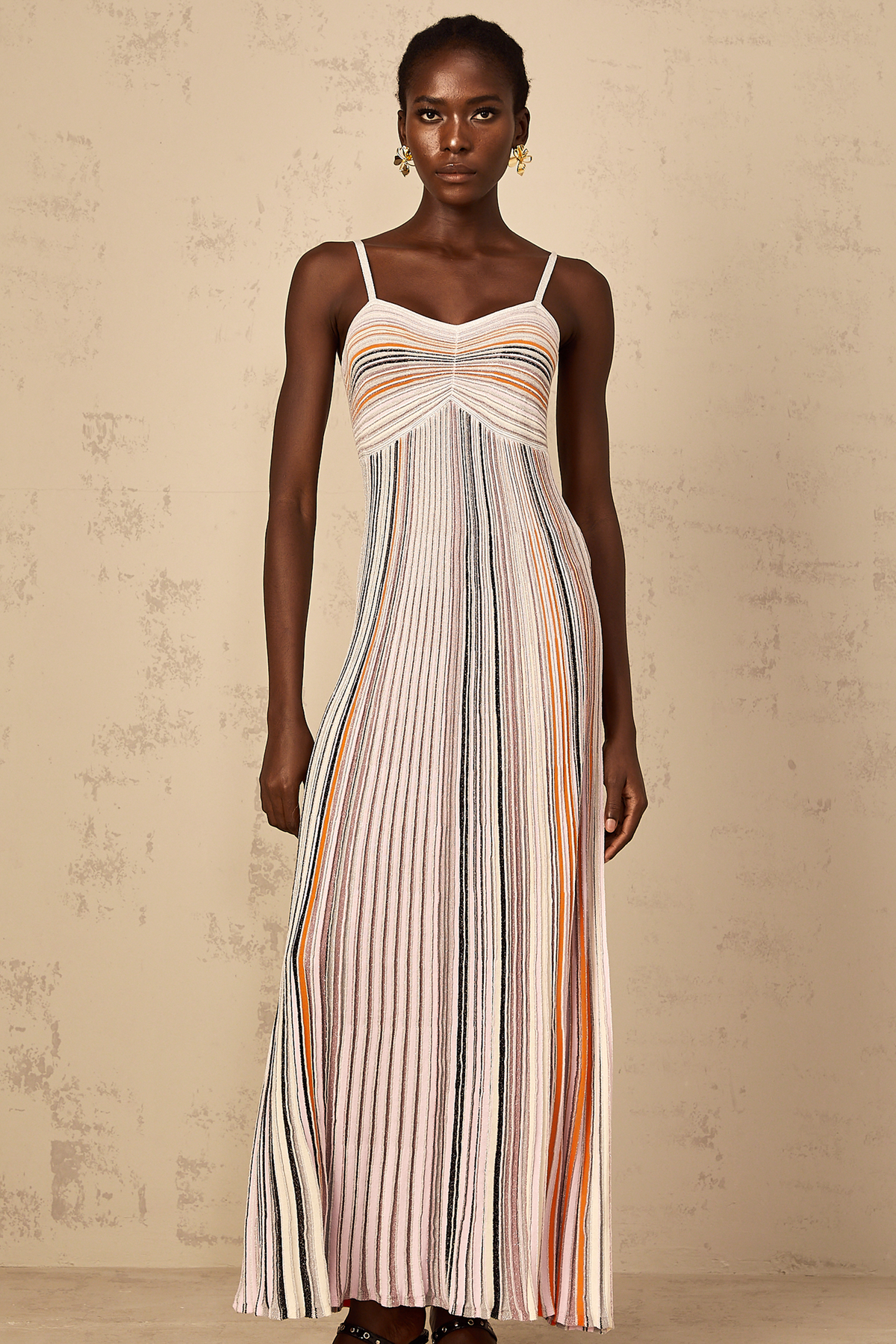 Bruyère Neutral Sequin Striped Knit Maxi Dress