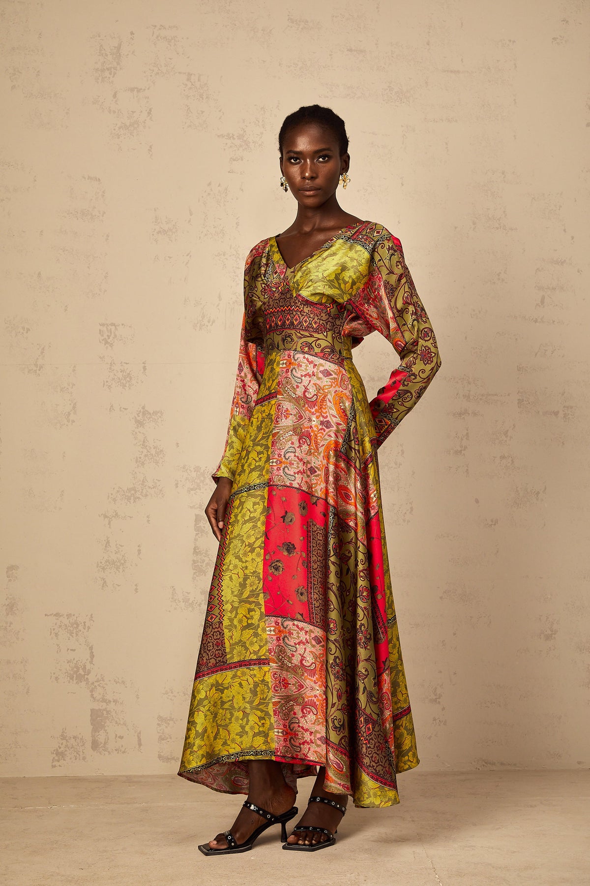 Pétunia Green Pattern Print Flared Midi Dress