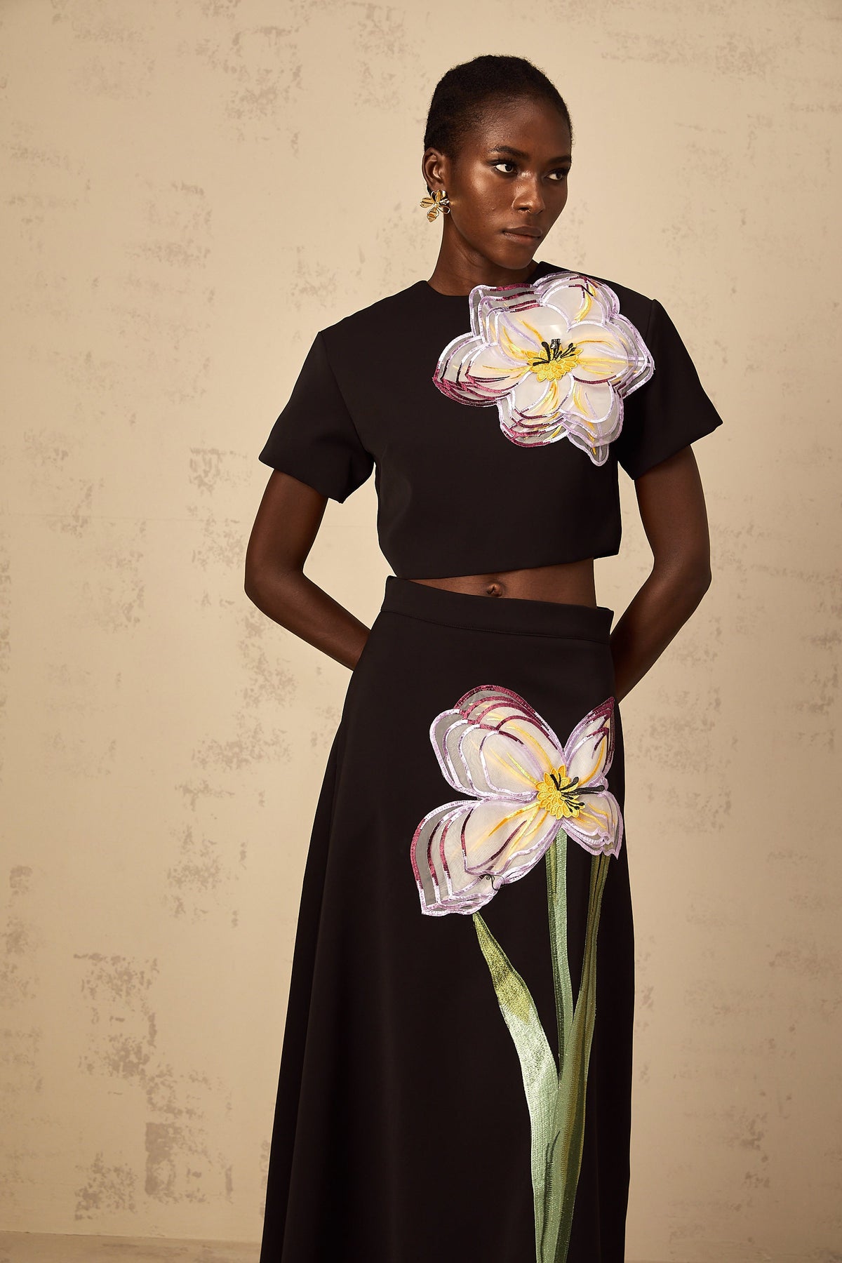 Irène Black Sequin Floral Embroidered Matching Set (Final Sale-US Only)