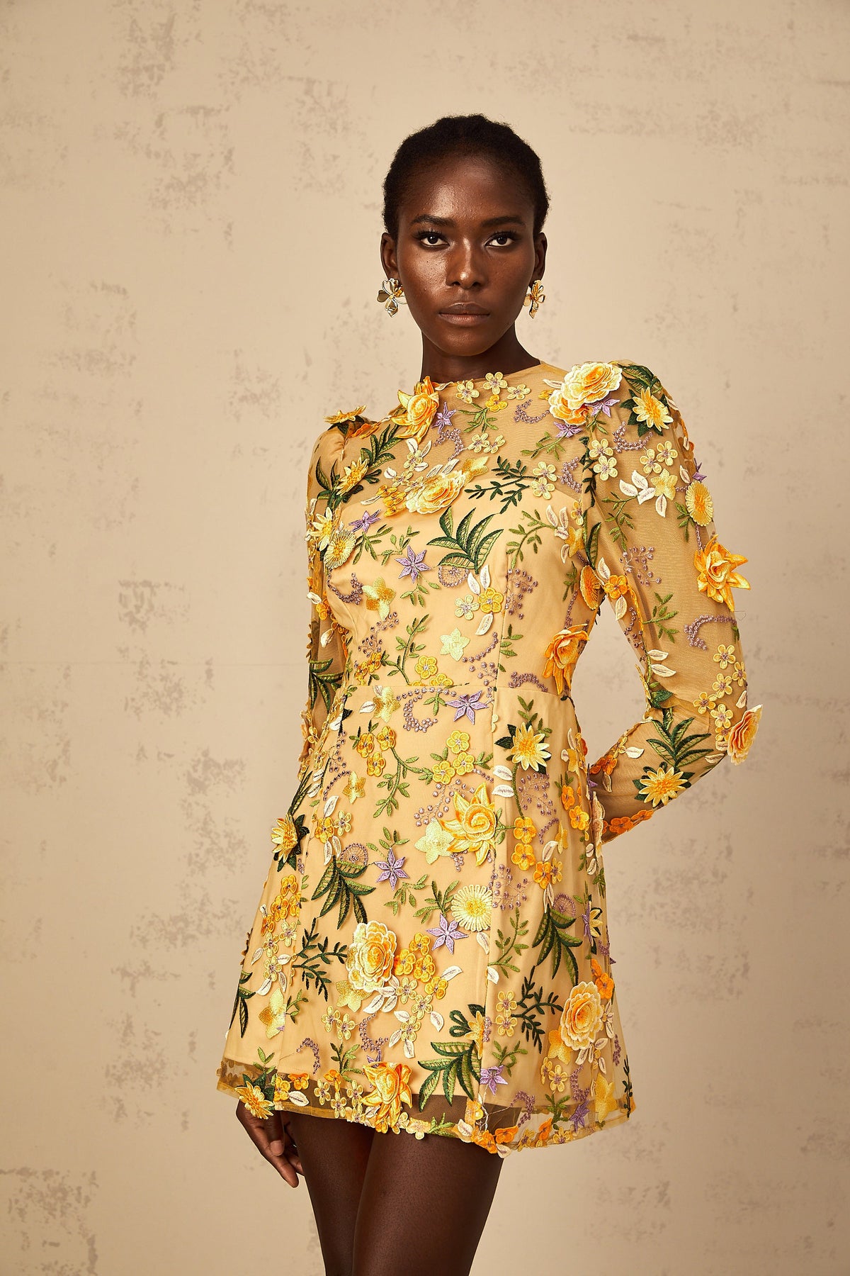 Jolien 3D Floral Appliqué Mini Dress in Yellow (Final Sale-US Only)