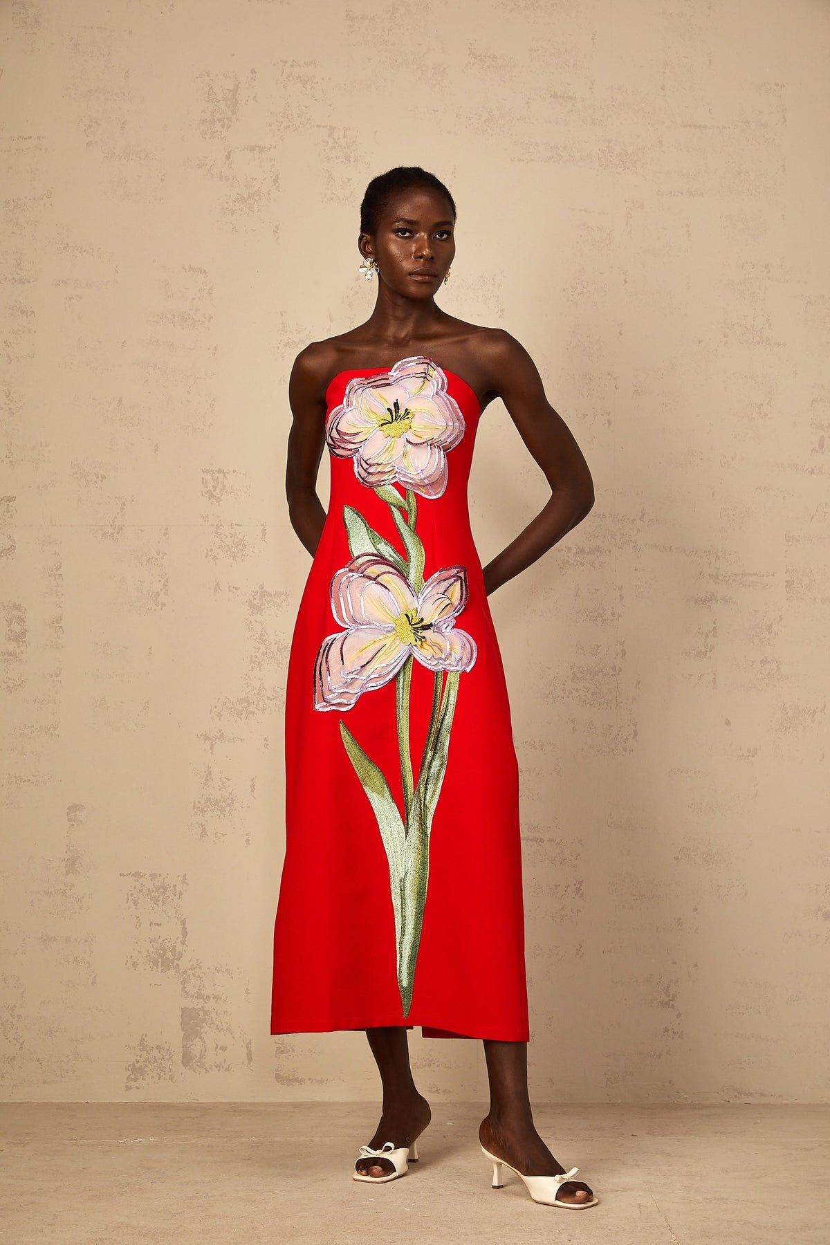 Irène Sequin Embroidered Off-Shoulder Midi Dress in Red (Final Sale-US Only)