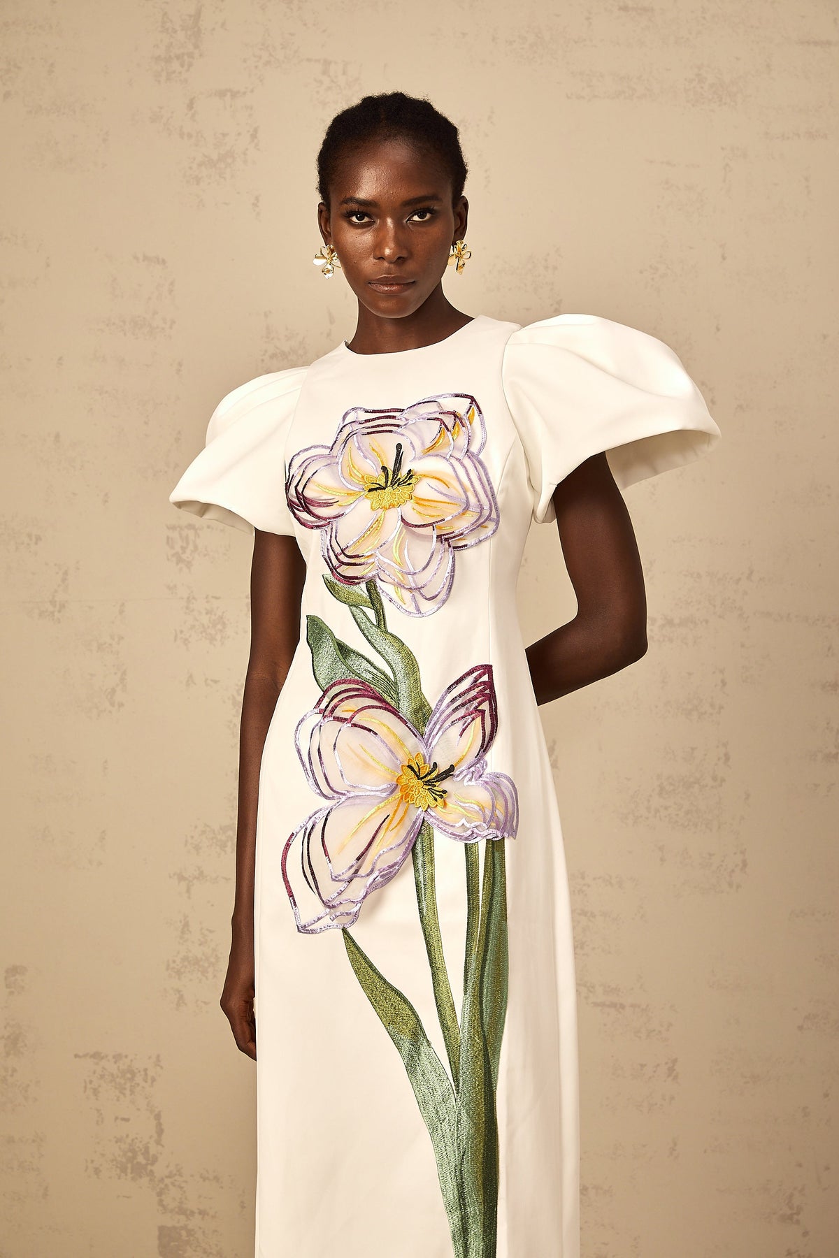 Irène White Sequin Floral Embroidered Midi Dress