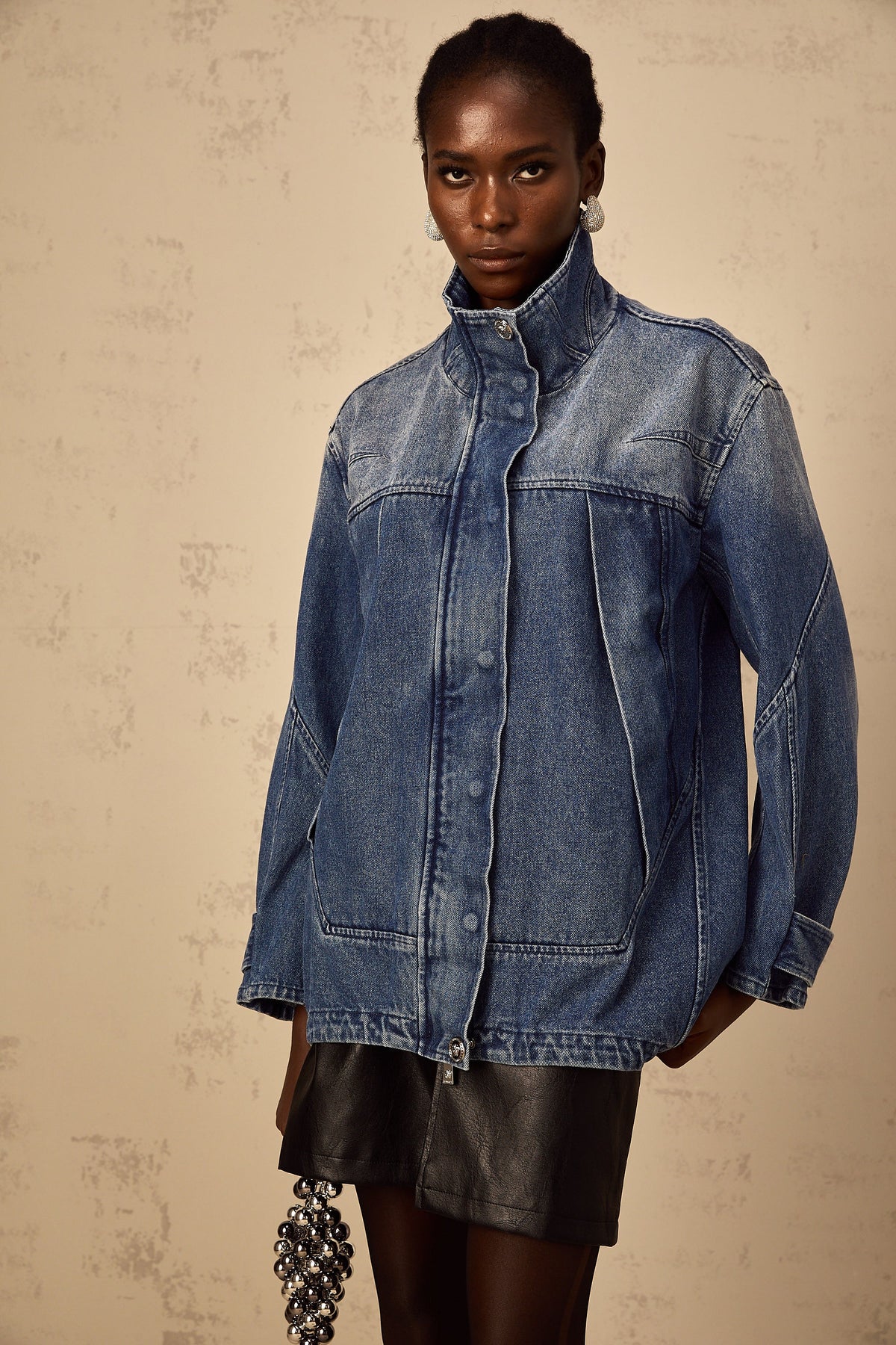 Géraldine blue patchwork loose-fit denim jacket