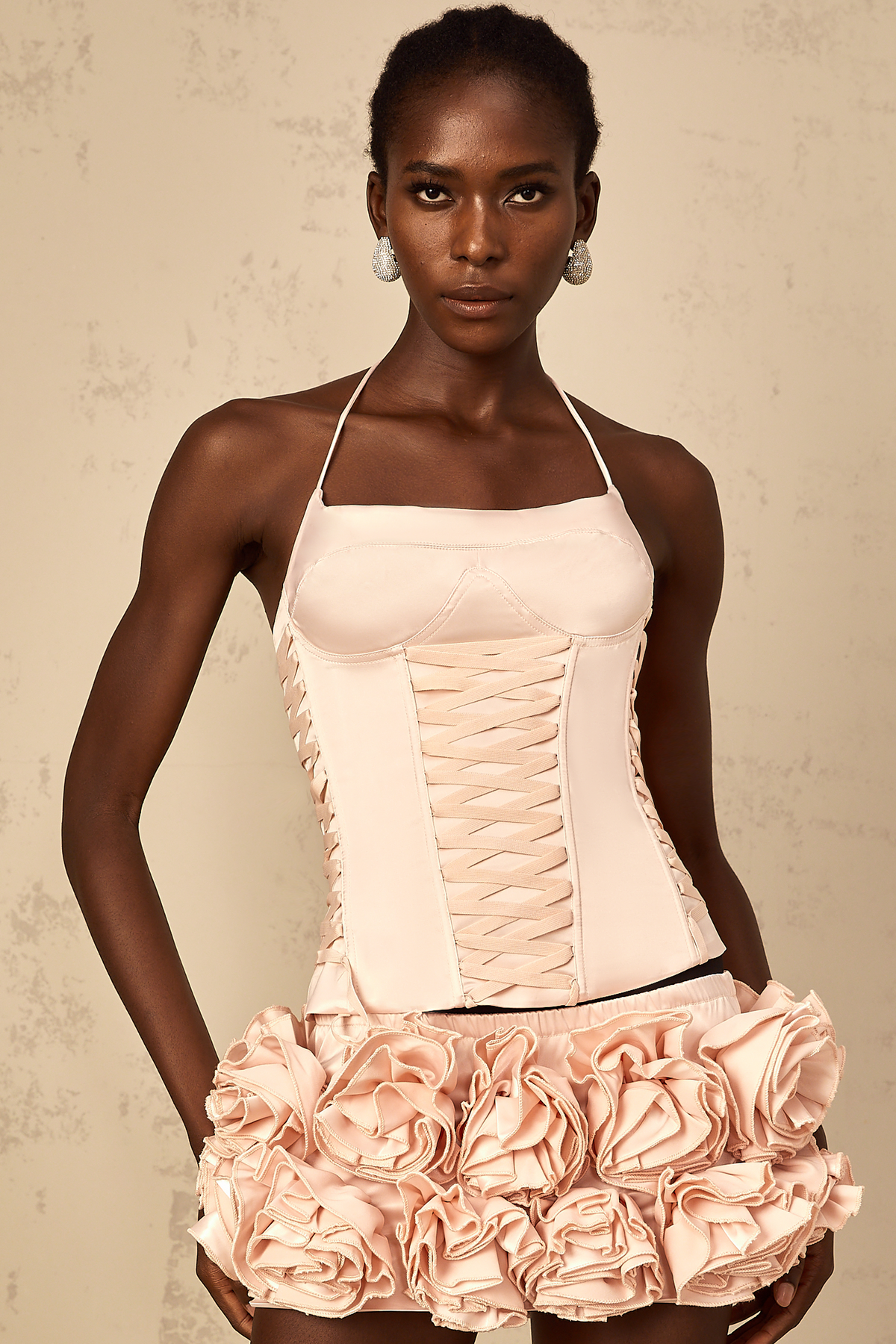 Jeanne pink faux-flower lace-up top & skirt matching set (Final Sale-US Only)