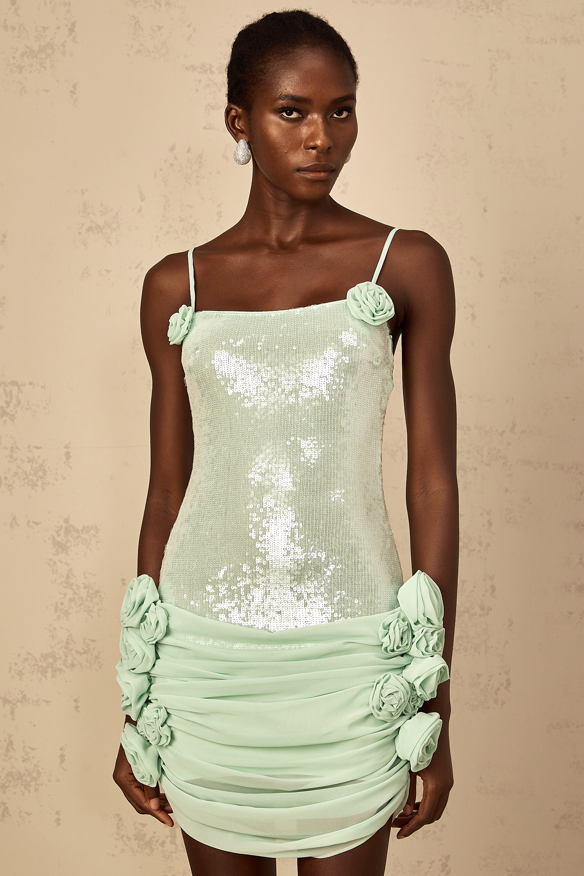 Élise green sequin-embellished floral mini dress