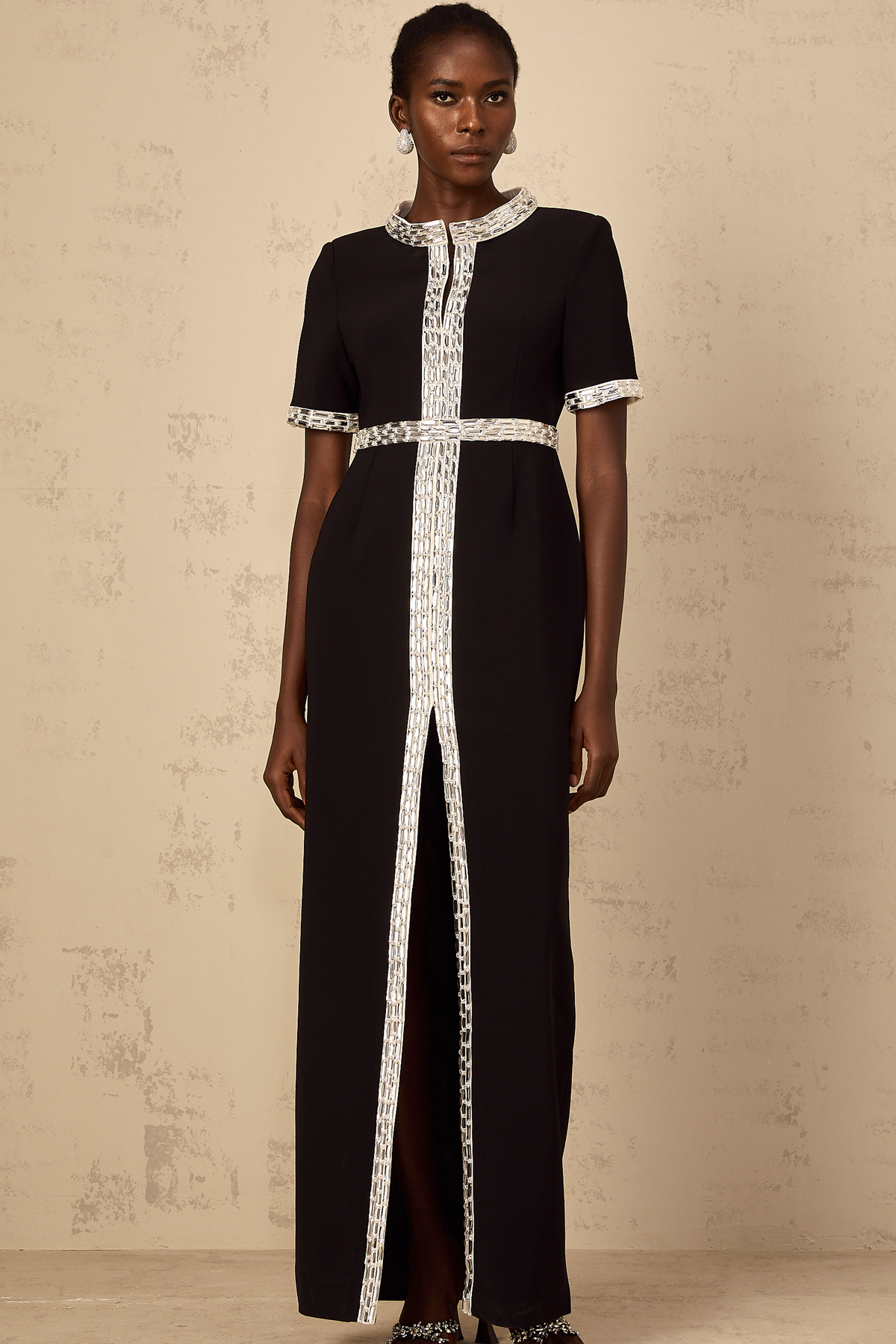 Mylène Black Front Slit Crystal Embellished Maxi Dress (Final Sale-US Only)