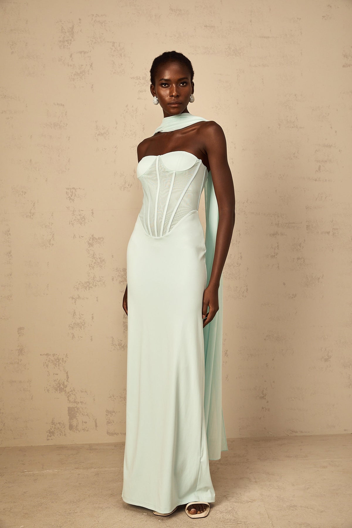 Béryl Tulle Panel Corset Maxi Dress in Mint Green