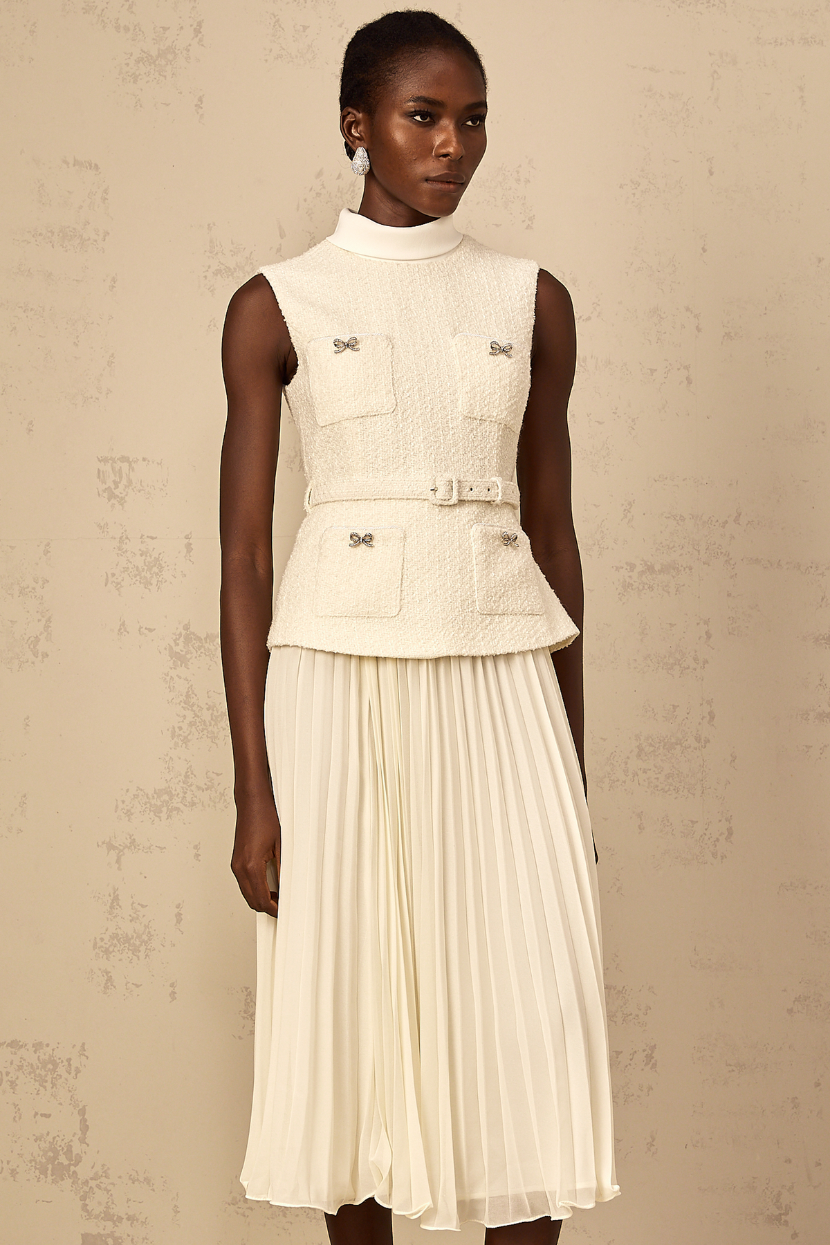 Dulcie Off-White Tulle Panel Tweed Midi Dress (Final Sale-US Only)