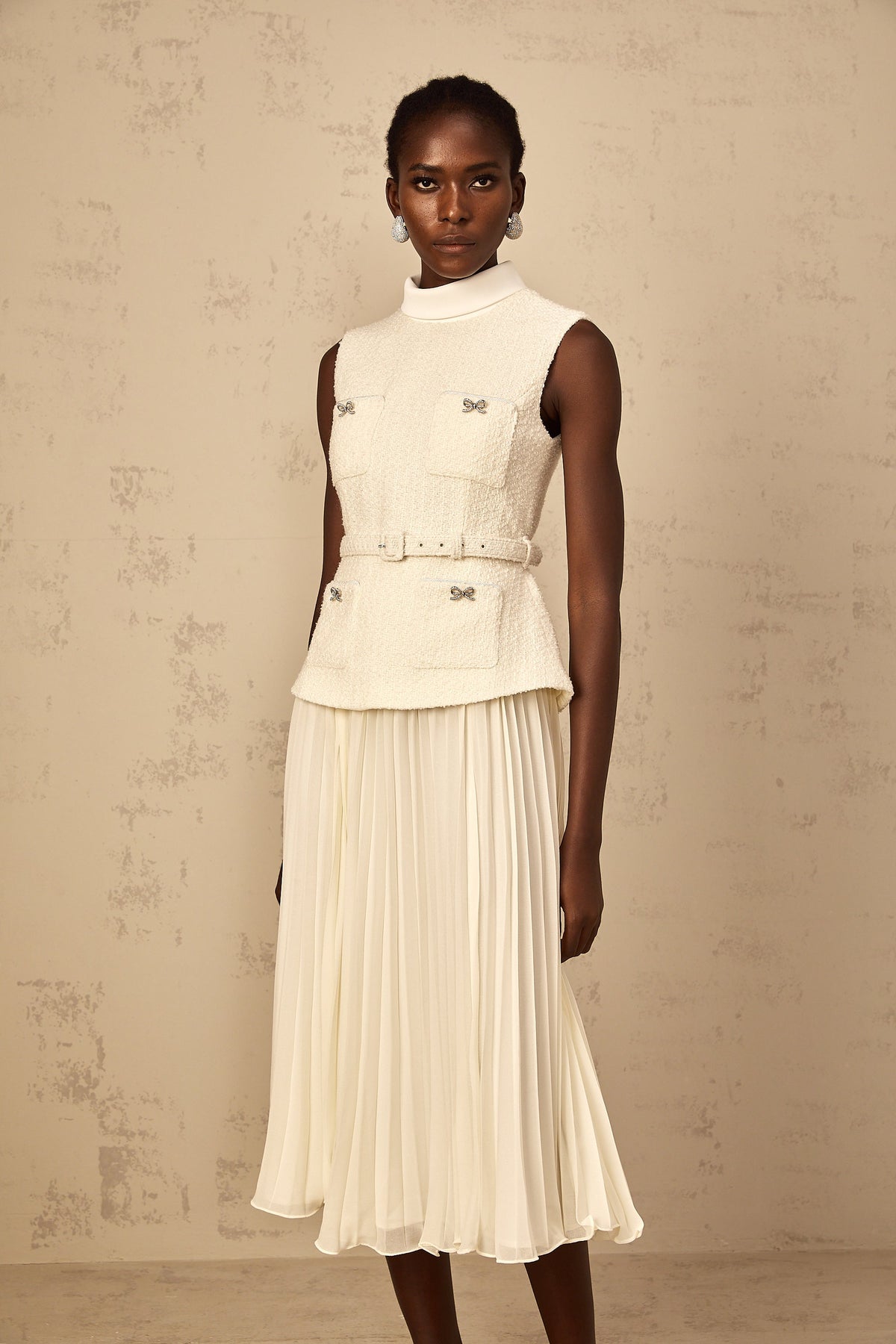 Dulcie Off-White Tulle Panel Tweed Midi Dress
