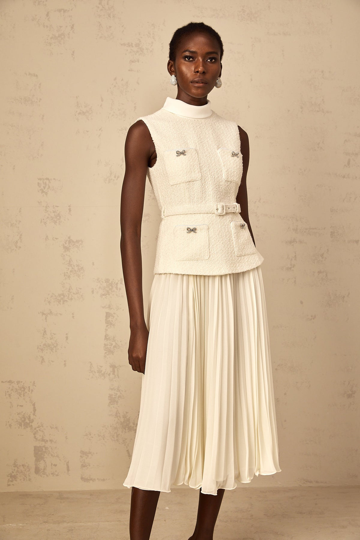 Dulcie Off-White Tulle Panel Tweed Midi Dress