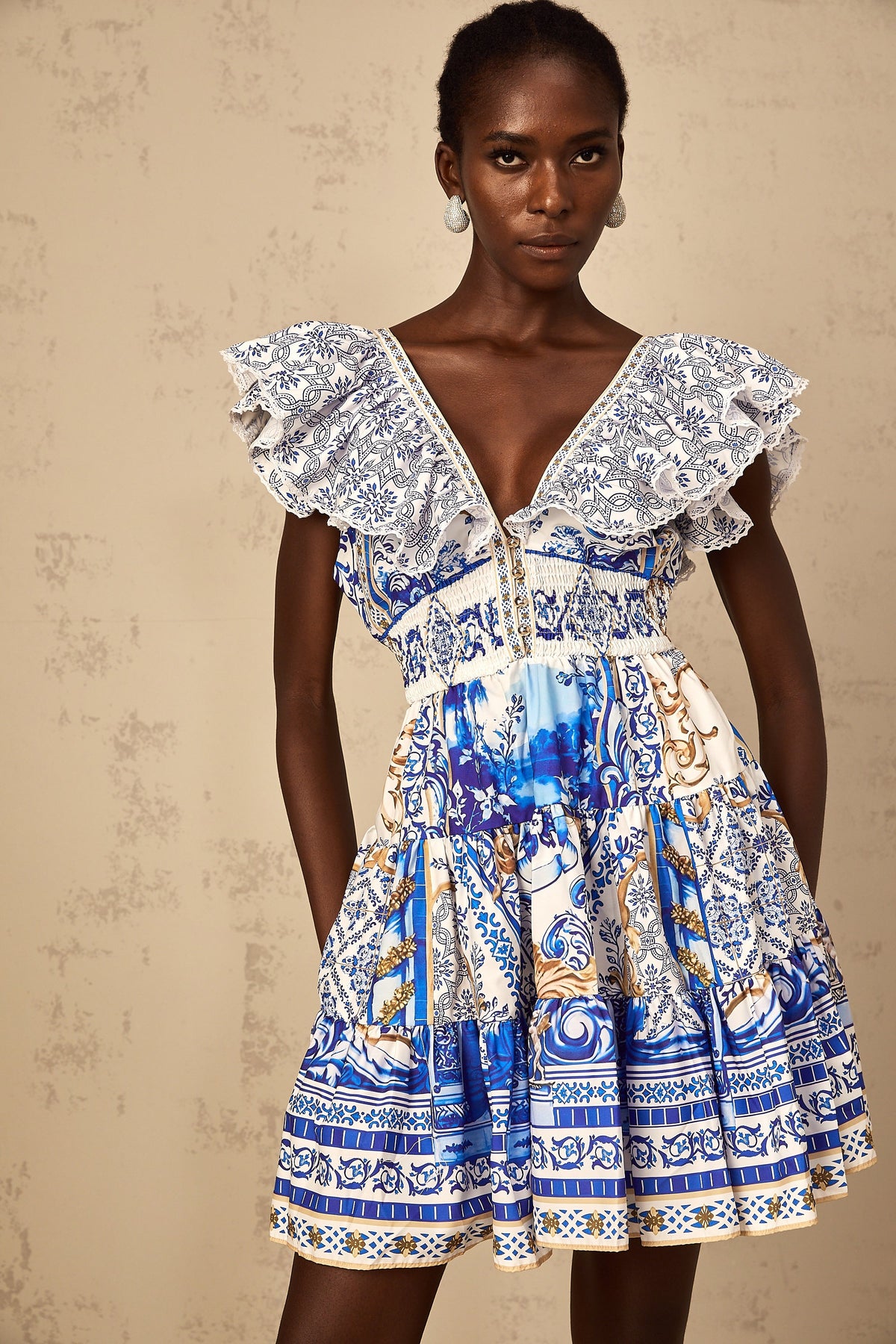 Calliopée Blue Baroque Print Tiered Mini Dress