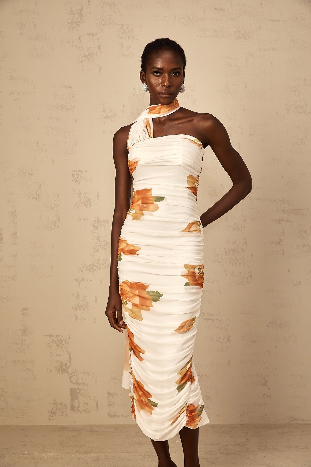 Frida white floral-print ruched tulle midi dress
