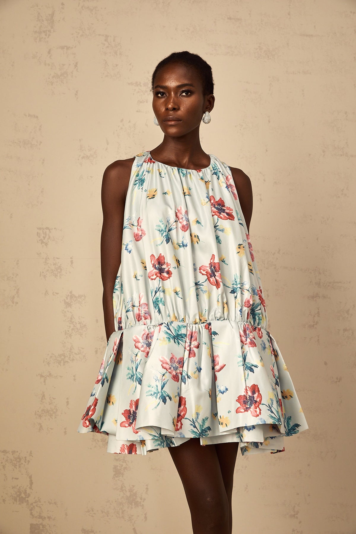 Wendy Green Floral Print Shirred Mini Dress