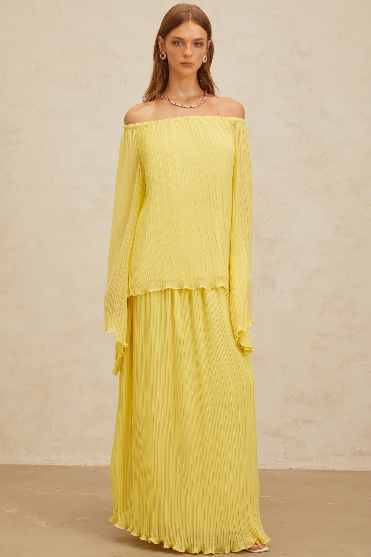 Yseult Yellow Pleated Casual Blouse & Skirt Set (Final Sale-US Only)