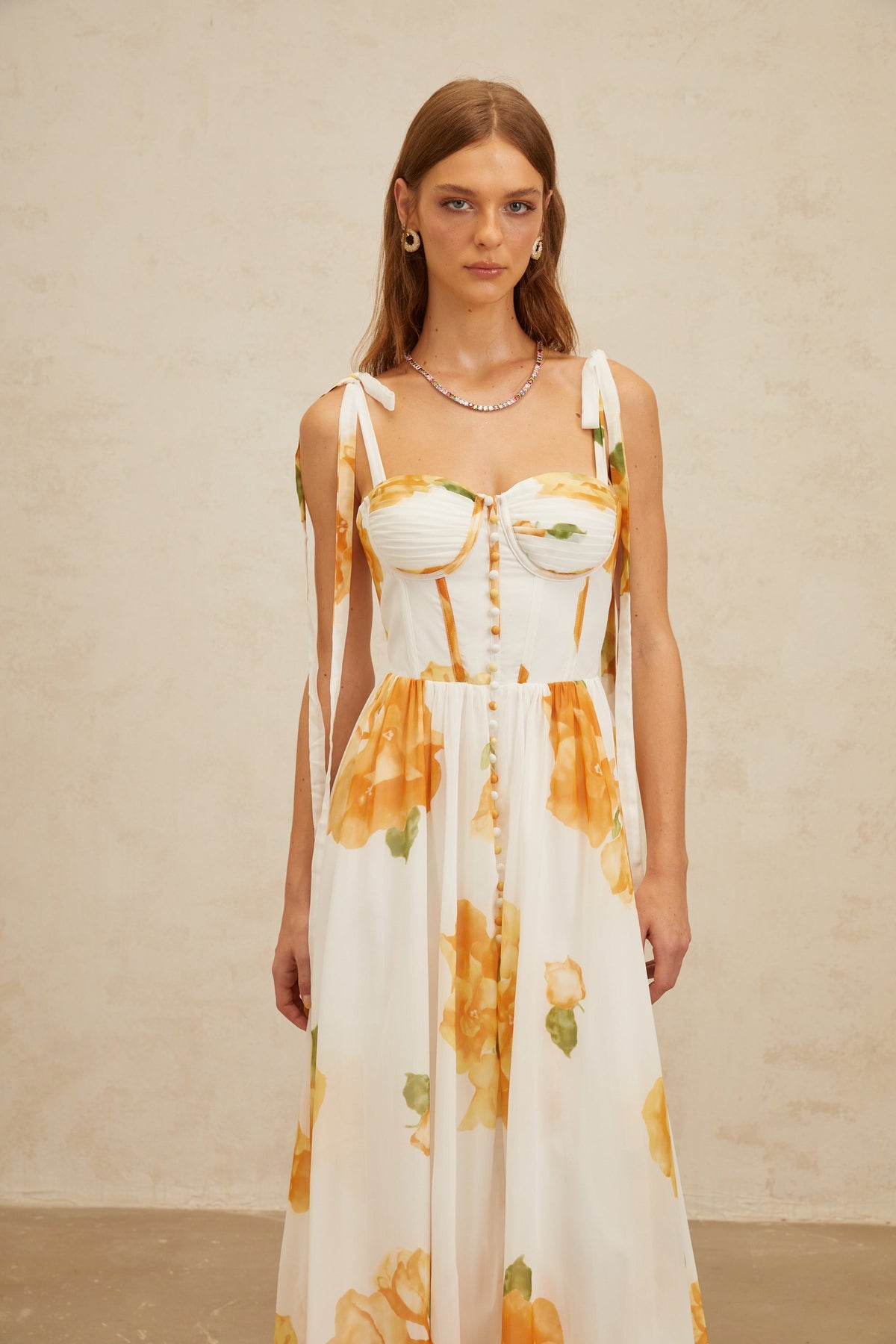 Bérénice White Floral Print Shirred Maxi Dress