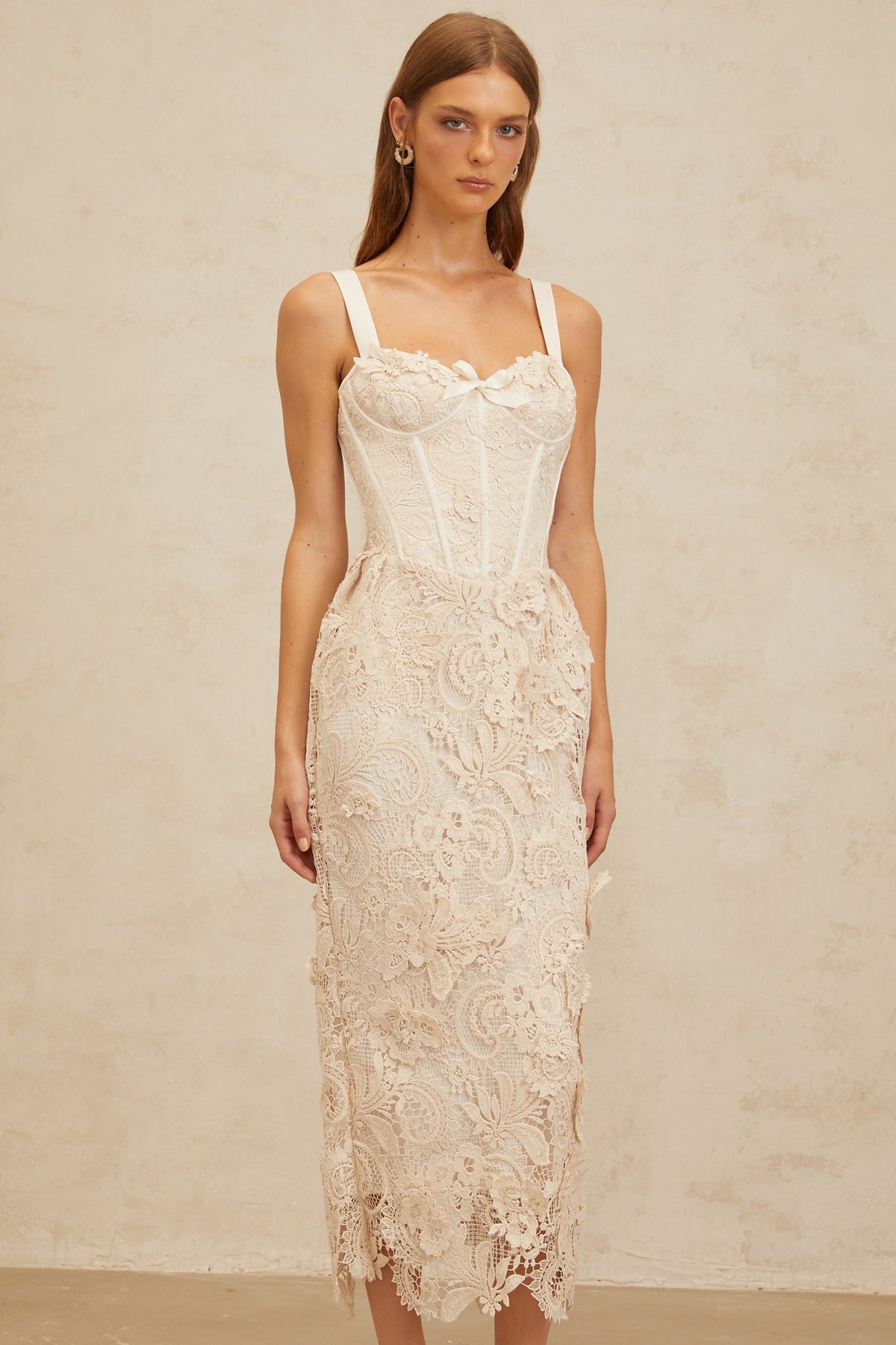Irène Neutrals Corded Lace Corset Midi Dress