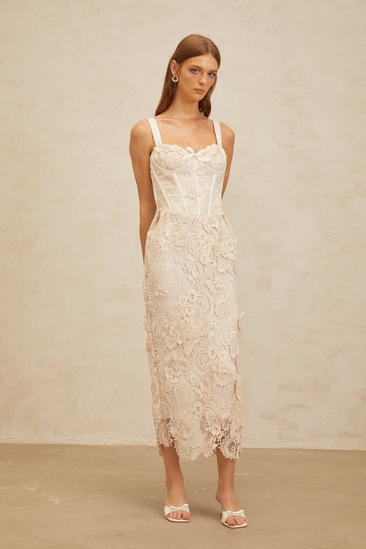 Irène Neutrals Corded Lace Corset Midi Dress