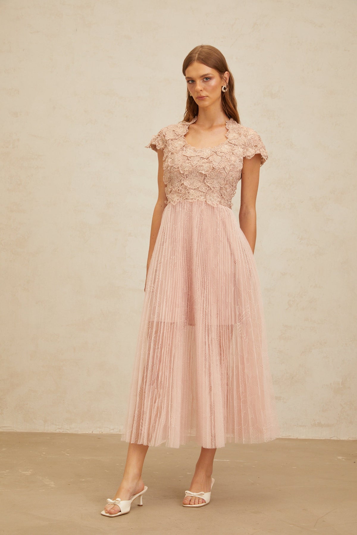 Airelle Pink Floral Embroidered Tulle Midi Dress