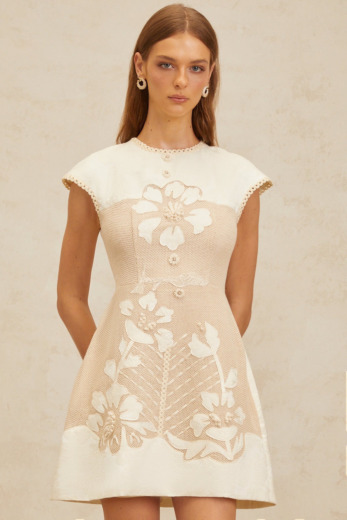 Manon Neutral Floral Embroidered Crochet Mini Dress