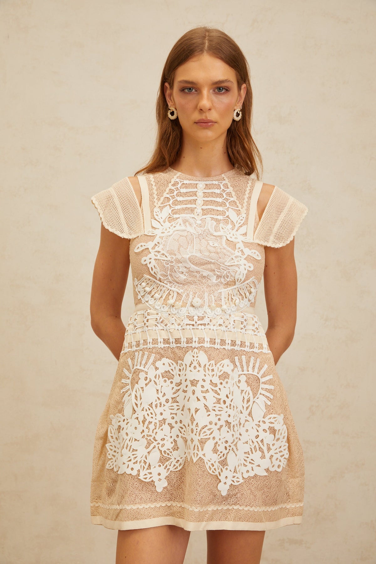 Ophélie Neutral Beaded Floral Crochet Mini Dress