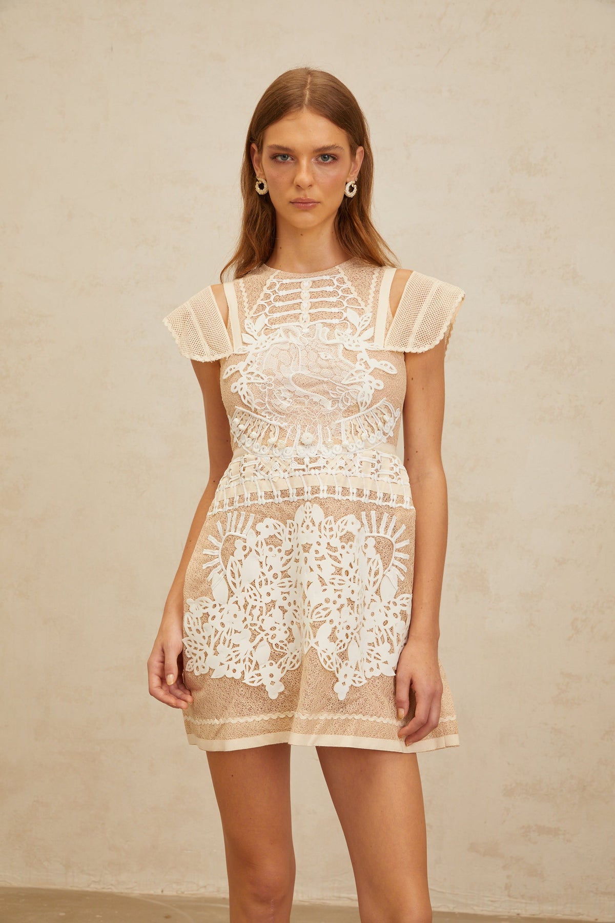Ophélie Neutral Beaded Floral Crochet Mini Dress