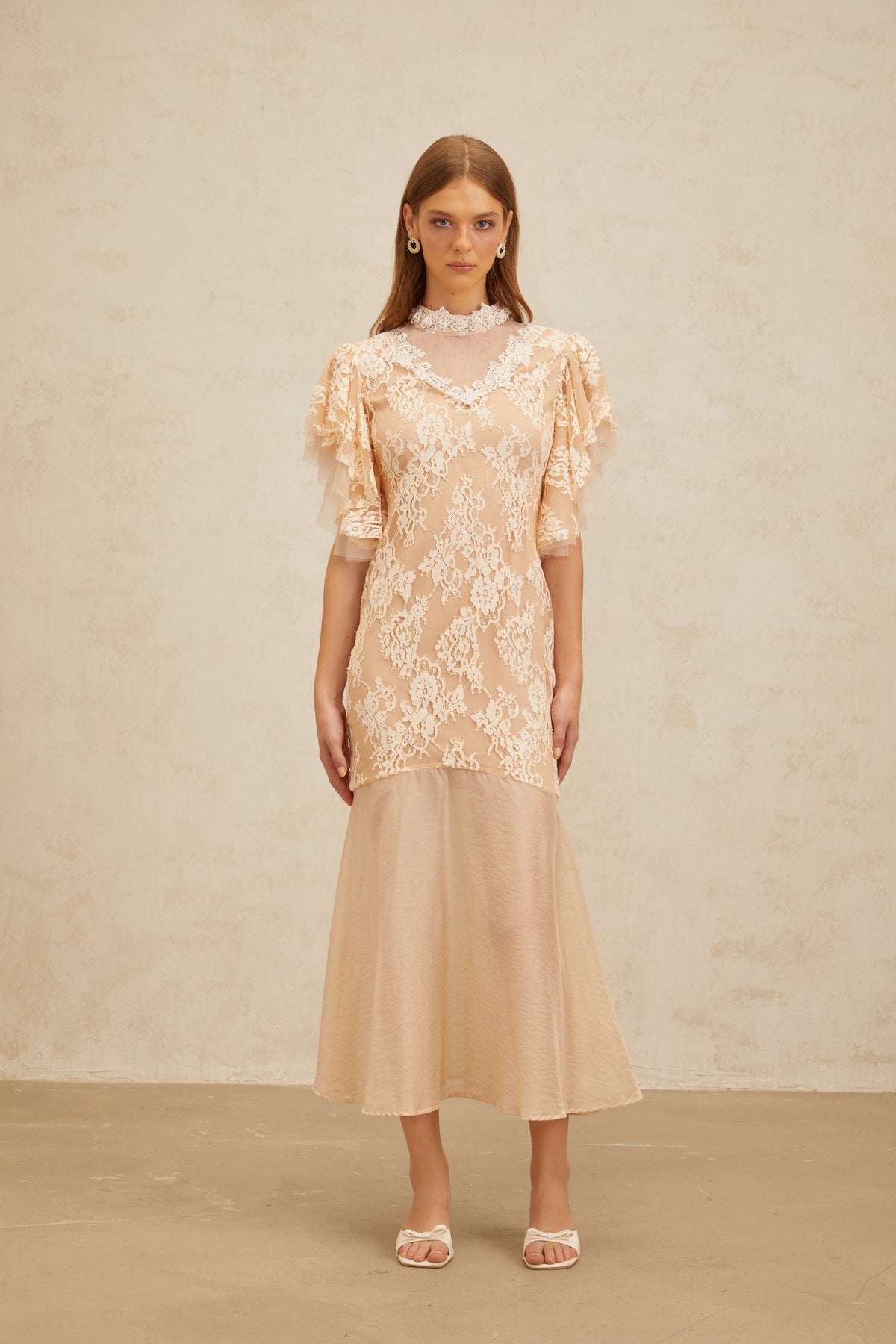 Annabelle Embellished Floral Lace Panelled Midi Dress in Neutrals