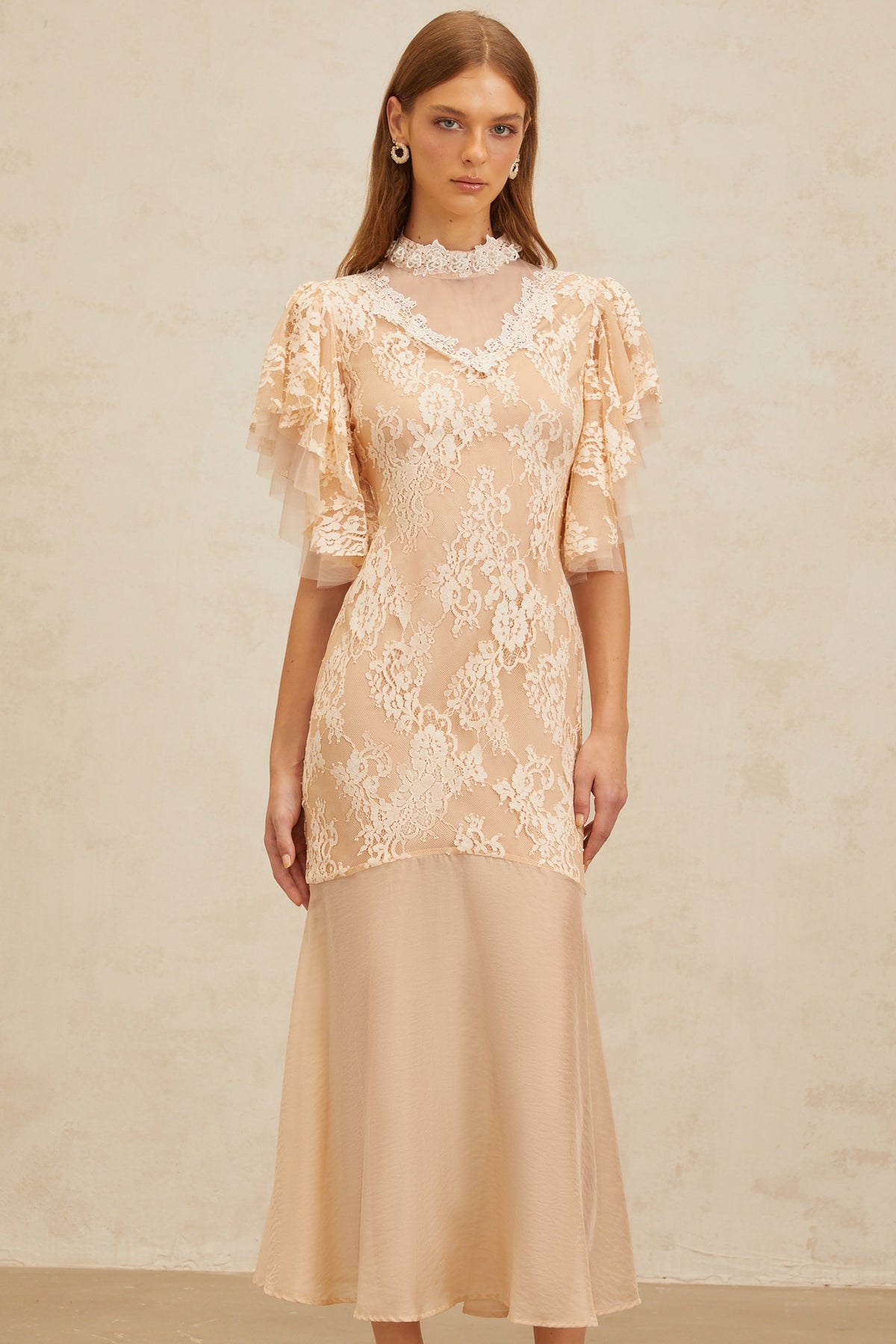 Annabelle Embellished Floral Lace Panelled Midi Dress in Neutrals (Final Sale-US Only)