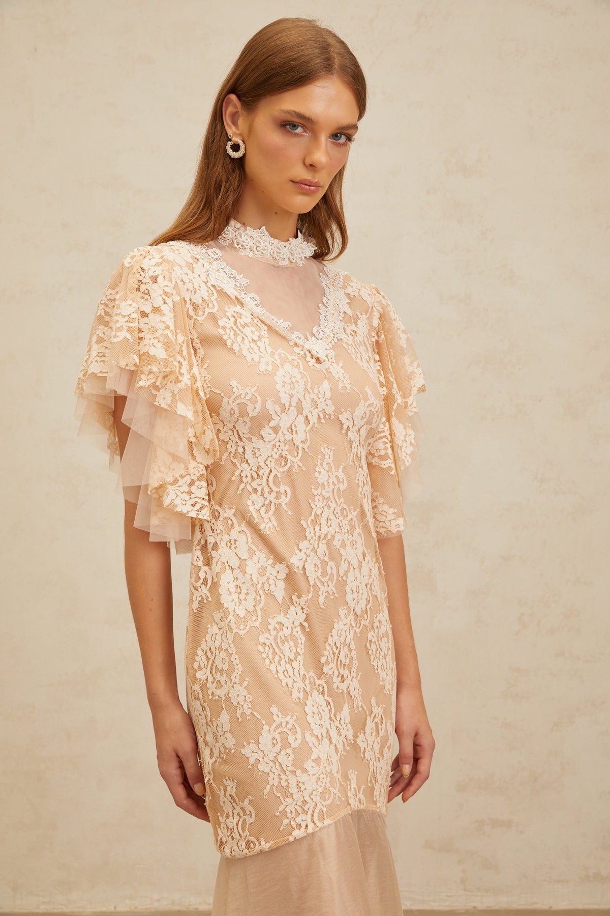 Annabelle Embellished Floral Lace Panelled Midi Dress in Neutrals