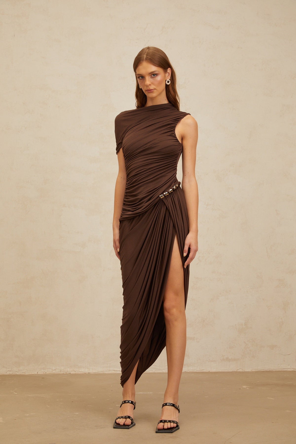 Prune Brown Night Out Asymmetrical Ruched Midi Dress (Final Sale)