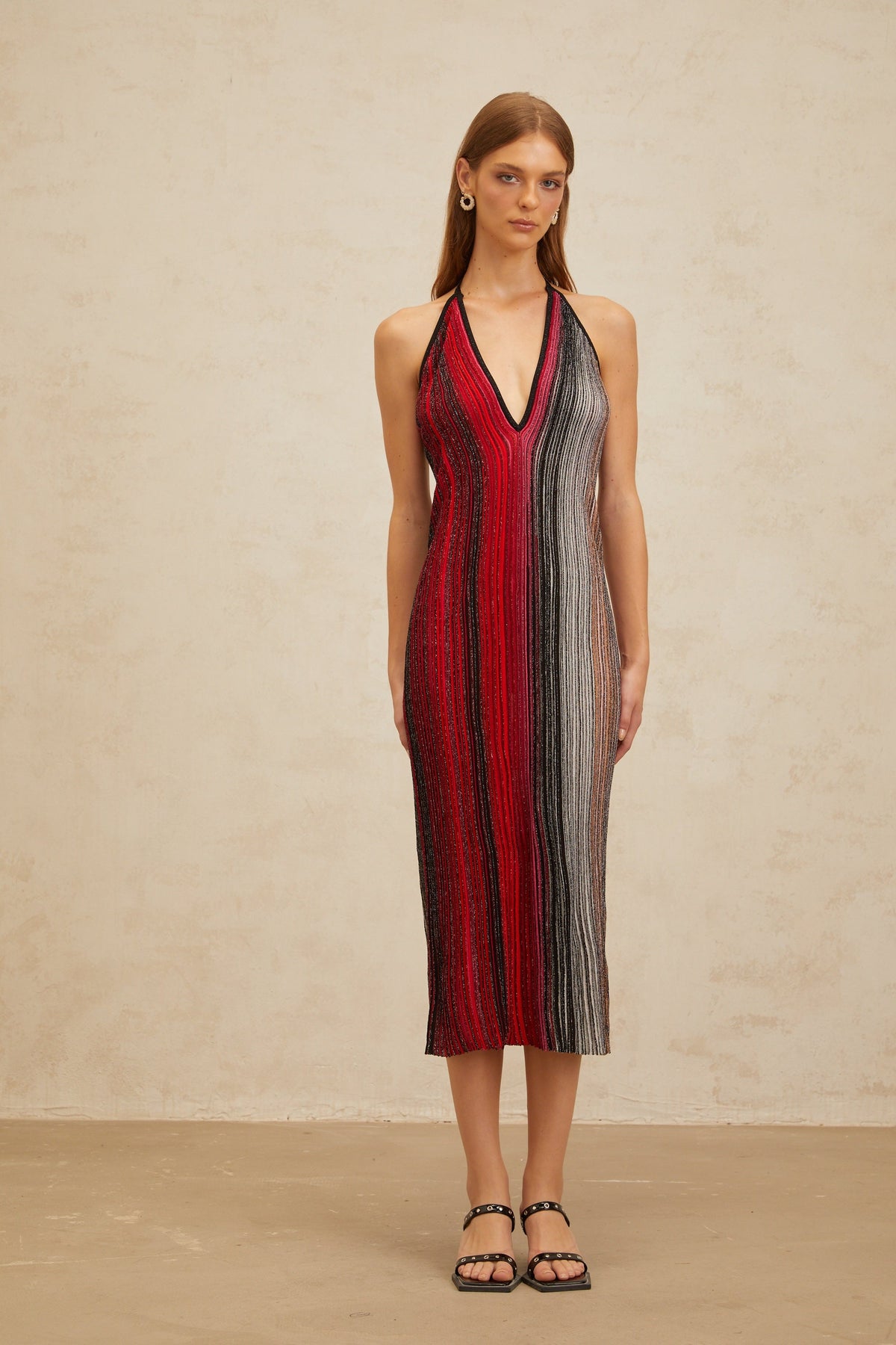 Amaryllis Red Sequined Striped Knit Midi Dress