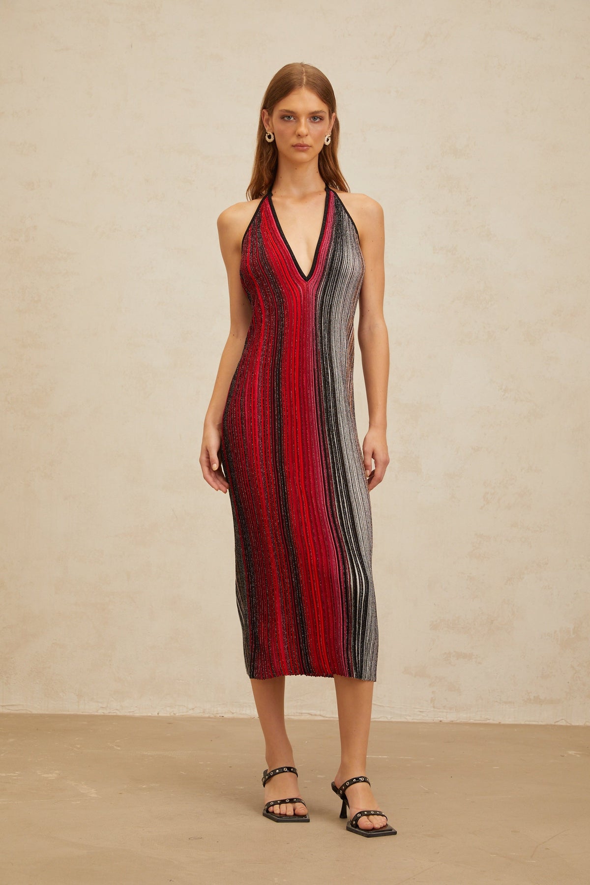 Amaryllis Red Sequined Striped Knit Midi Dress
