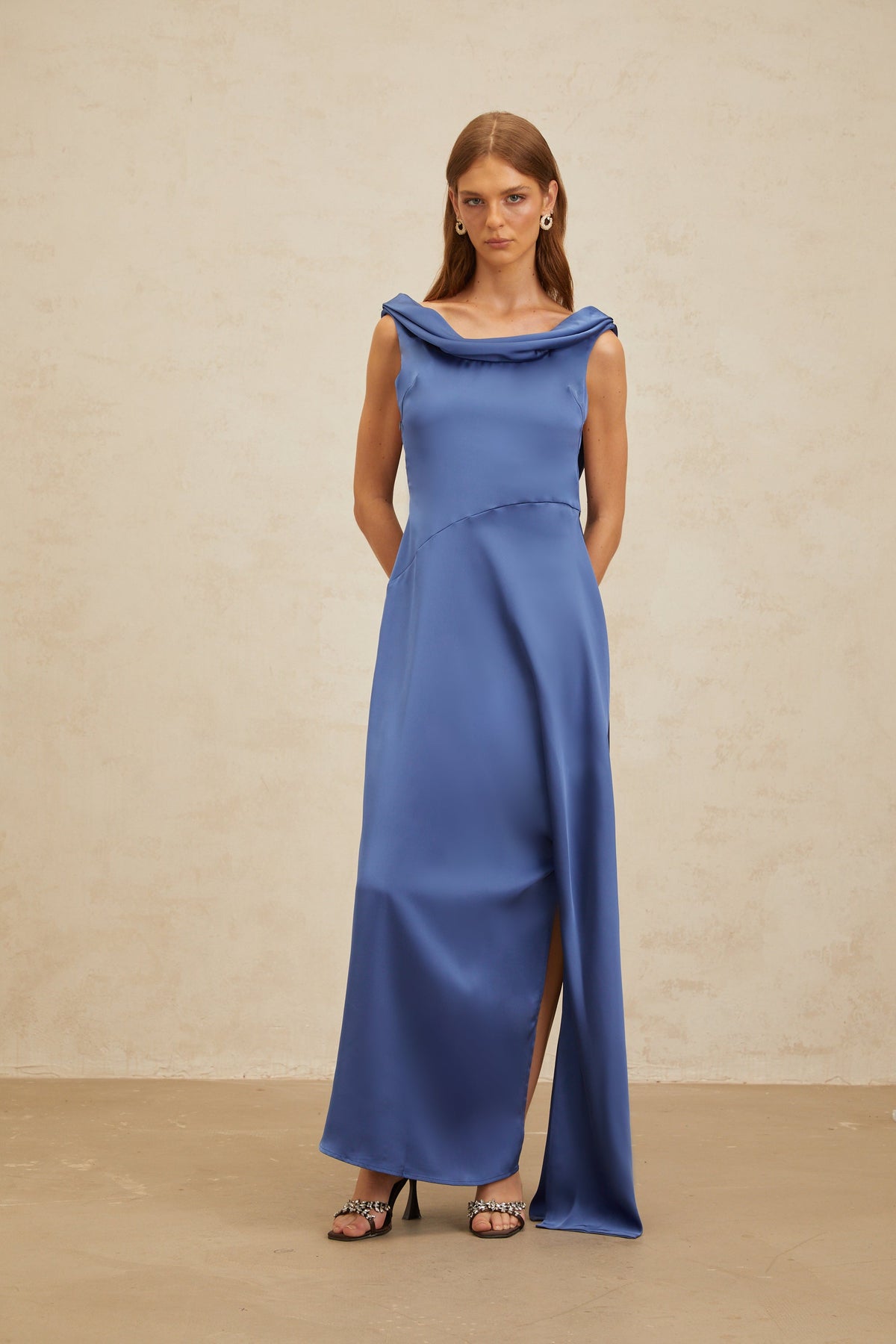 Éliane Sapphire Open-Back Satin Maxi Dress
