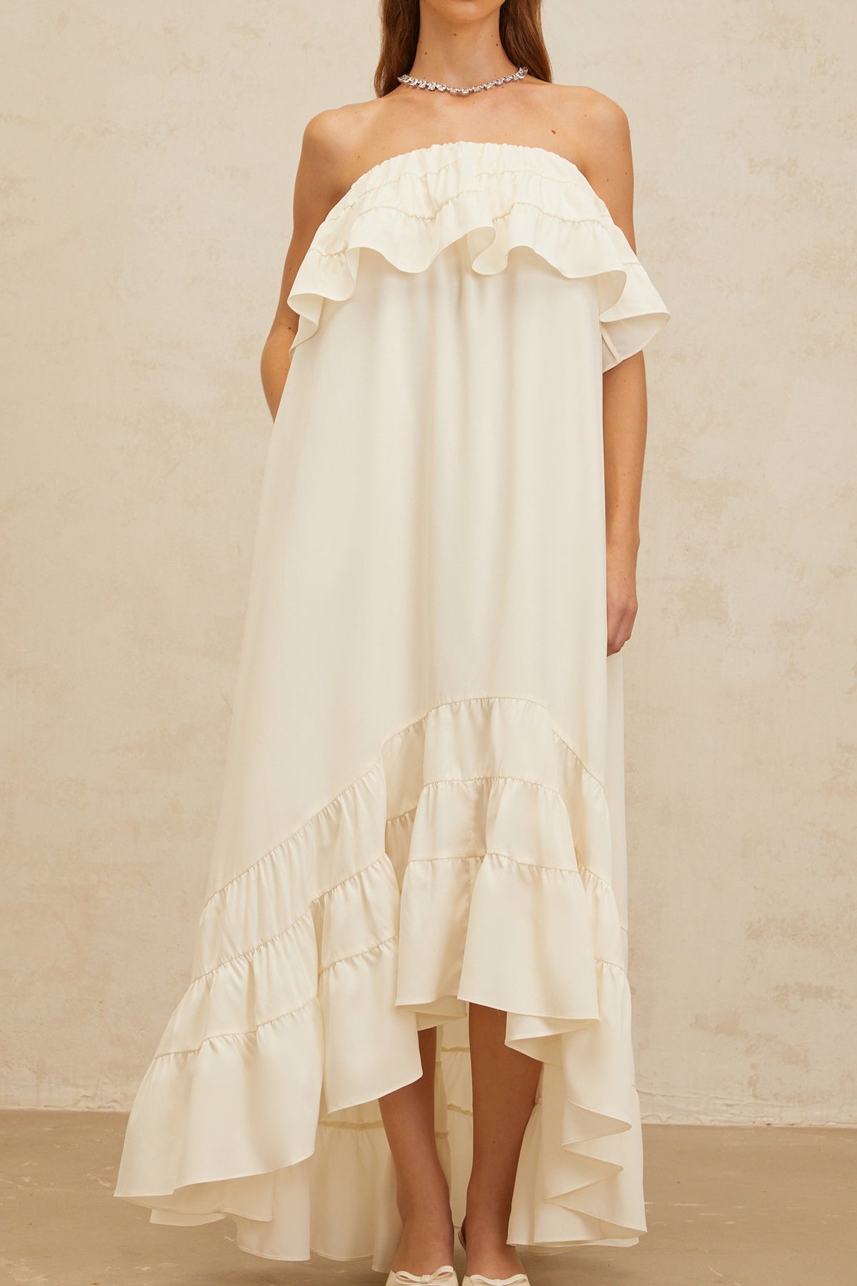 Bénédicte White Vibrant Off Shoulder Shirred Maxi Dress