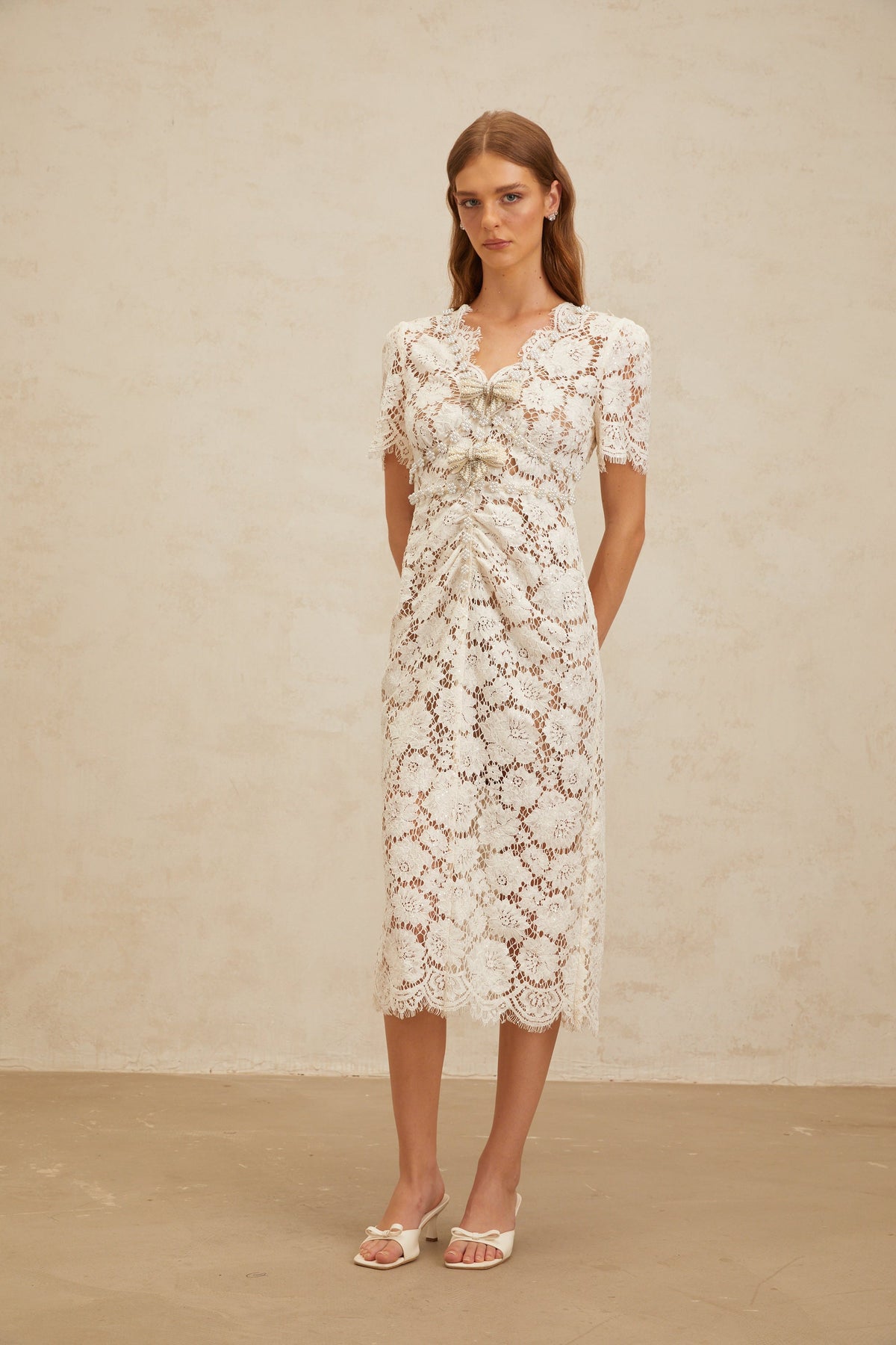 Aurore White Floral Lace Pencil Midi Dress