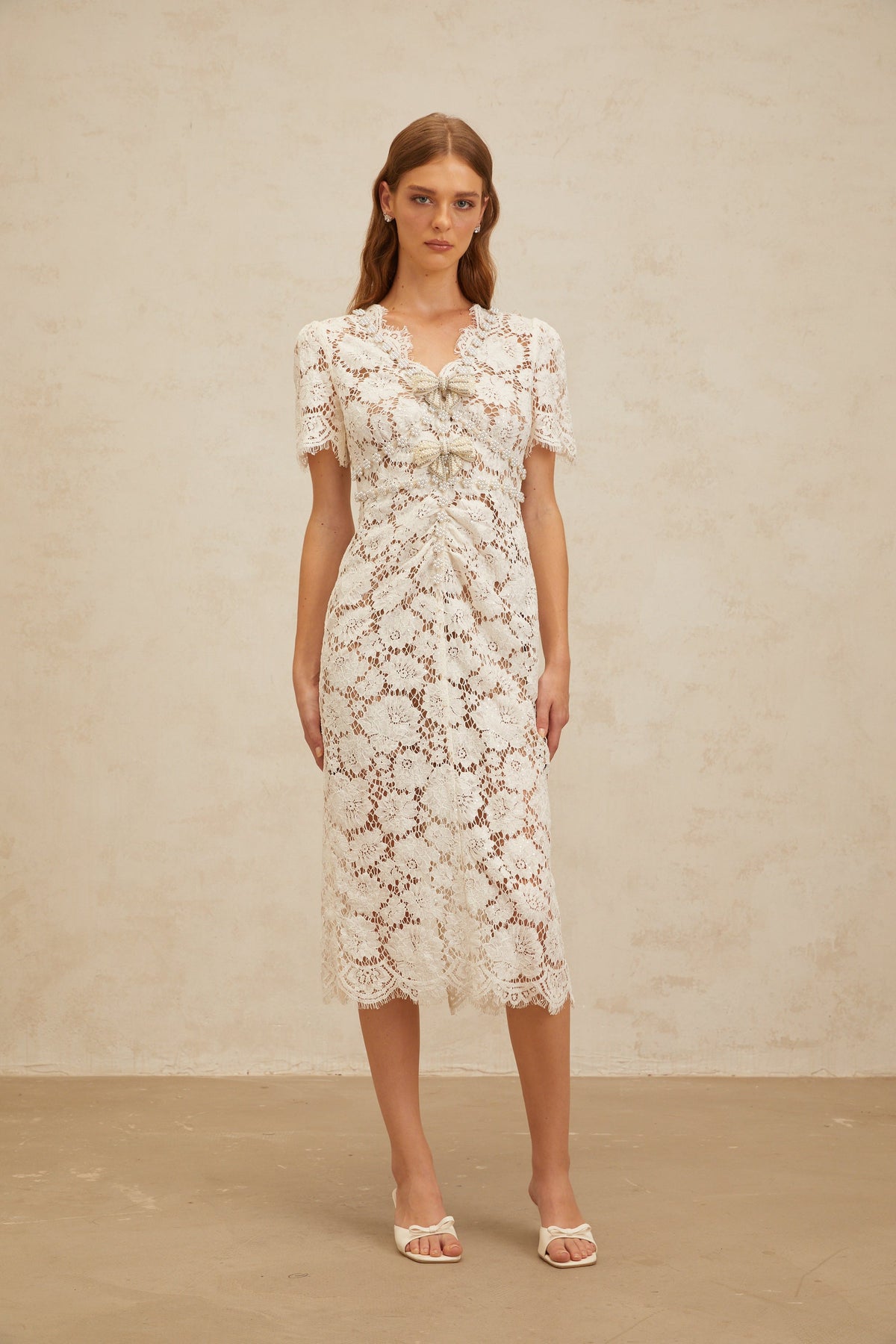 Aurore White Floral Lace Pencil Midi Dress