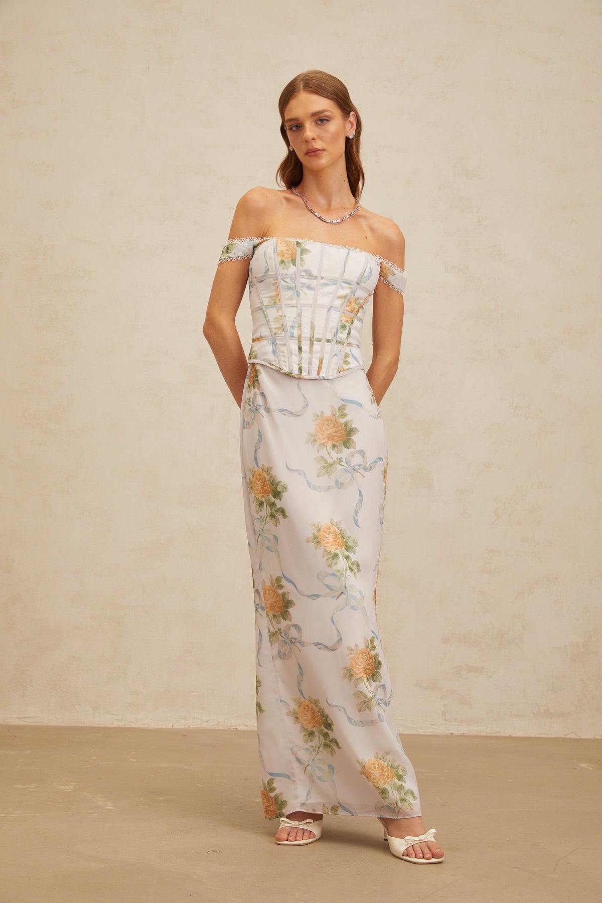 Béryl Soft-Blue Floral Print Fitted Maxi Dress